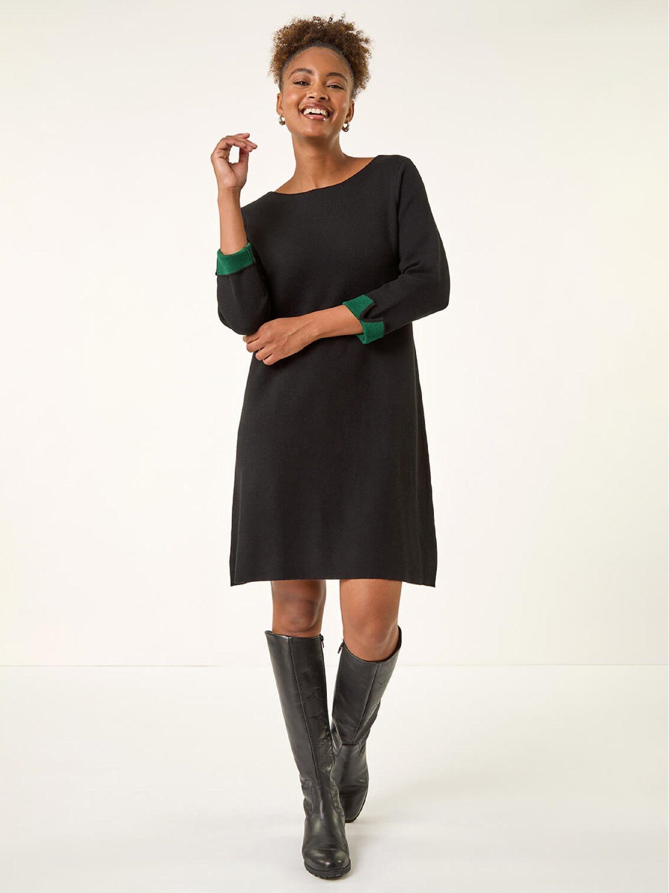 Image 1 of 5 of Roman Contrast Sleeve Knitted Shift Dress - Forest