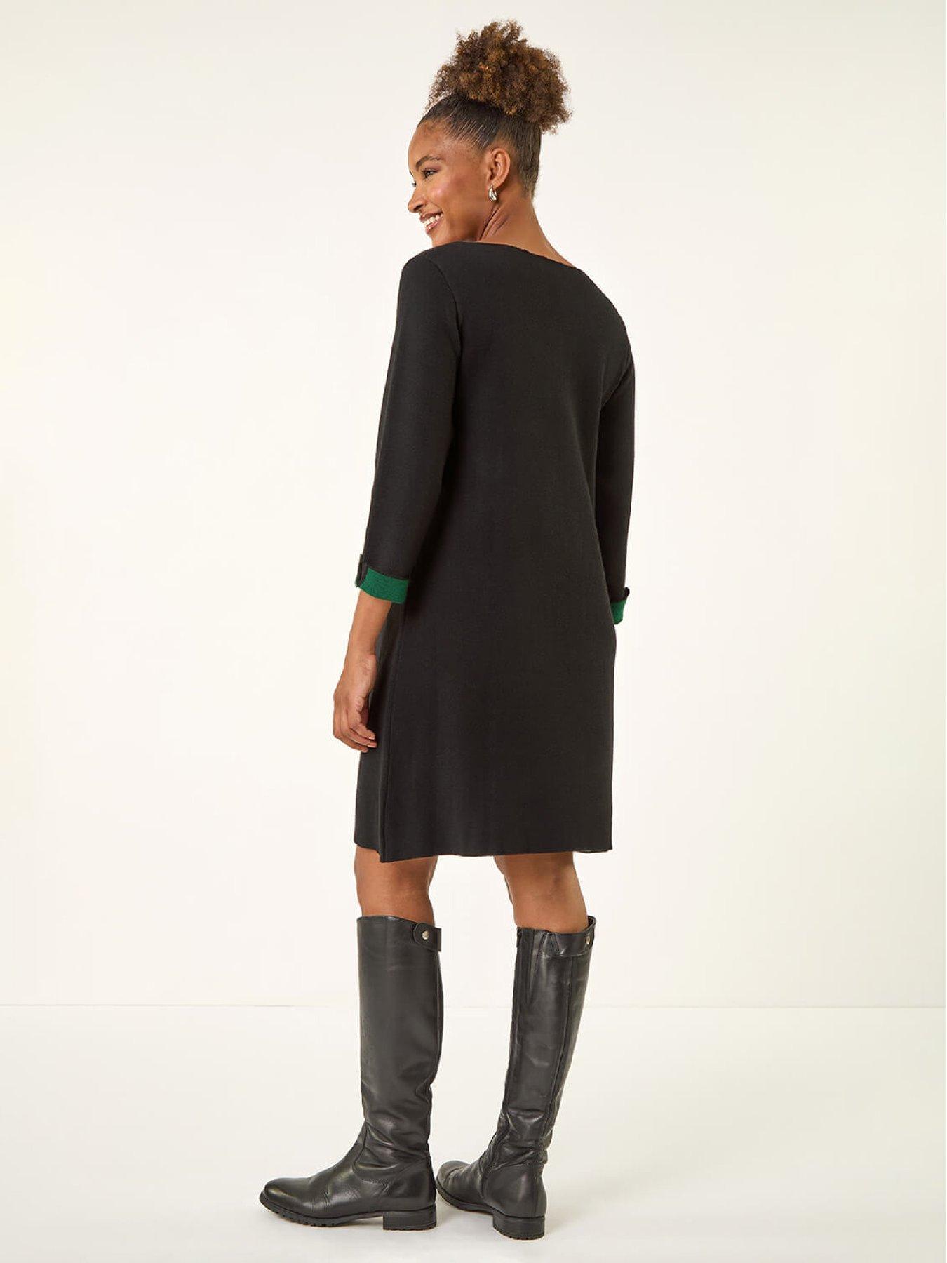 Image 2 of 5 of Roman Contrast Sleeve Knitted Shift Dress - Forest