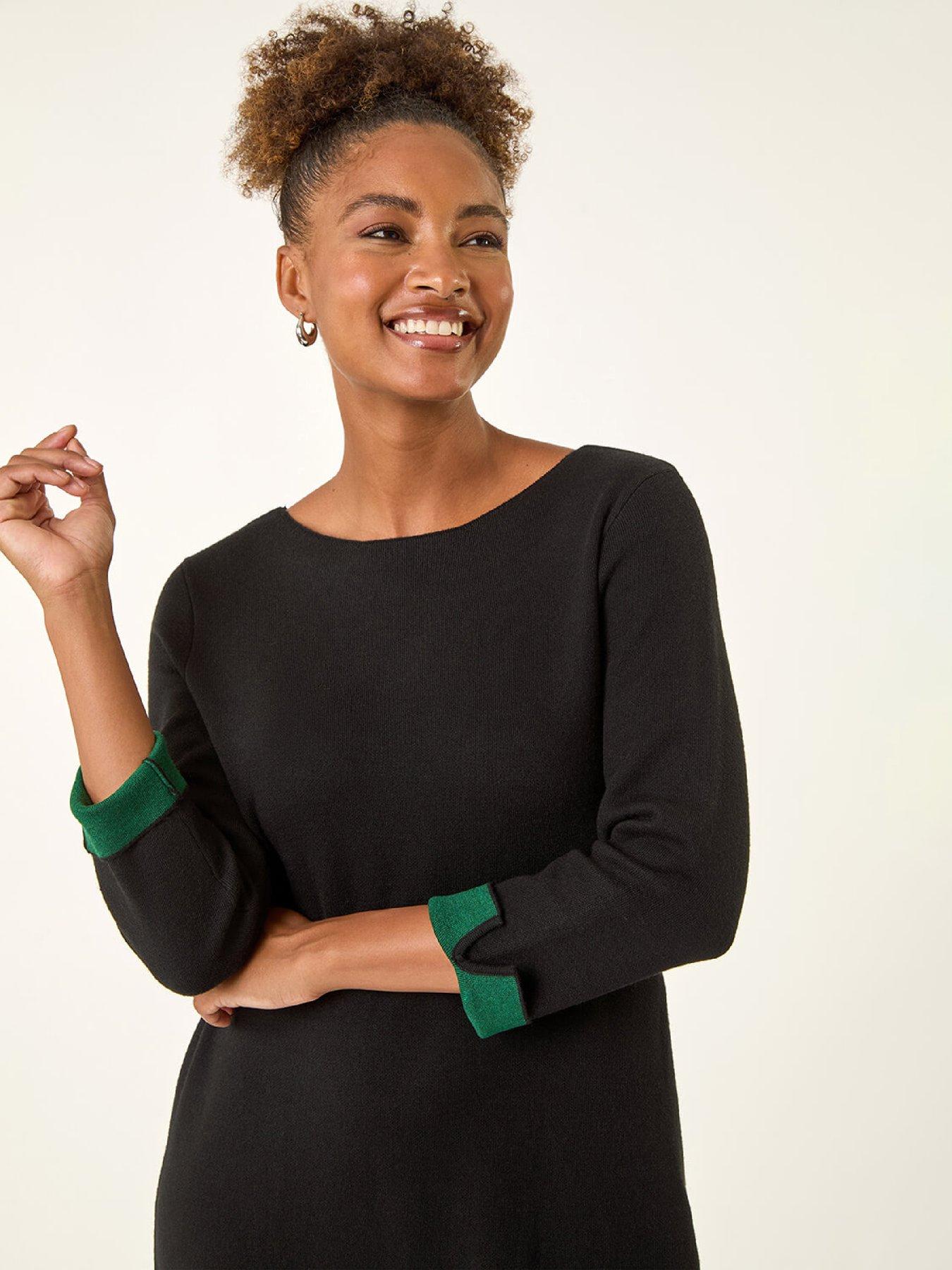 Image 4 of 5 of Roman Contrast Sleeve Knitted Shift Dress - Forest