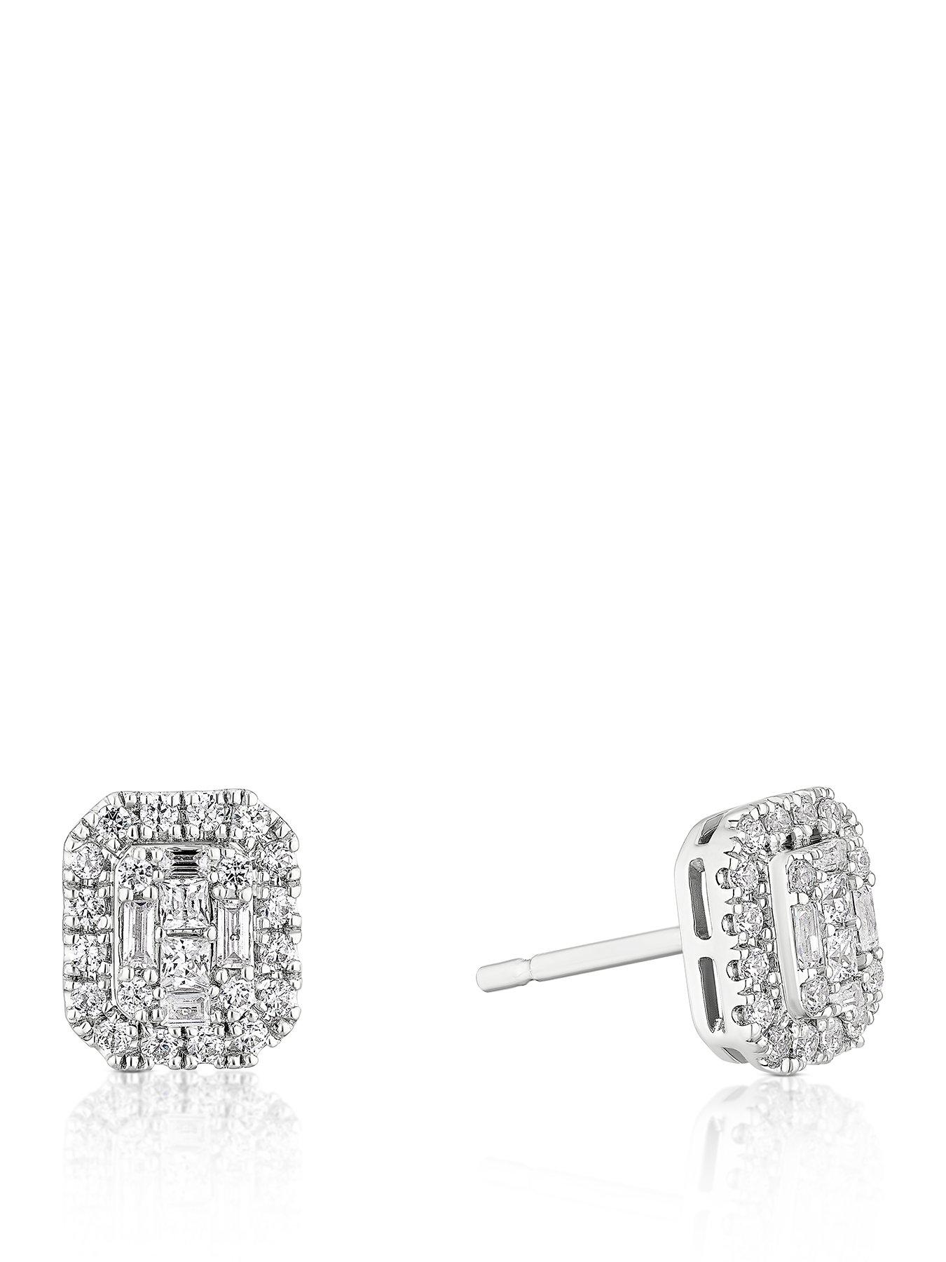  image of ernest-jones-050ct-diamond-emerald-shaped-earrings-platinum