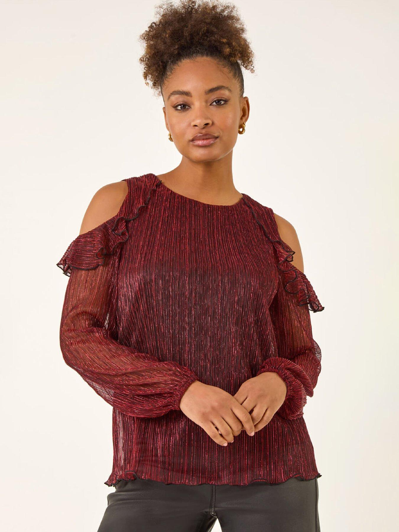 Roman Shimmer Plisse Cold Shoulder Top - Red
