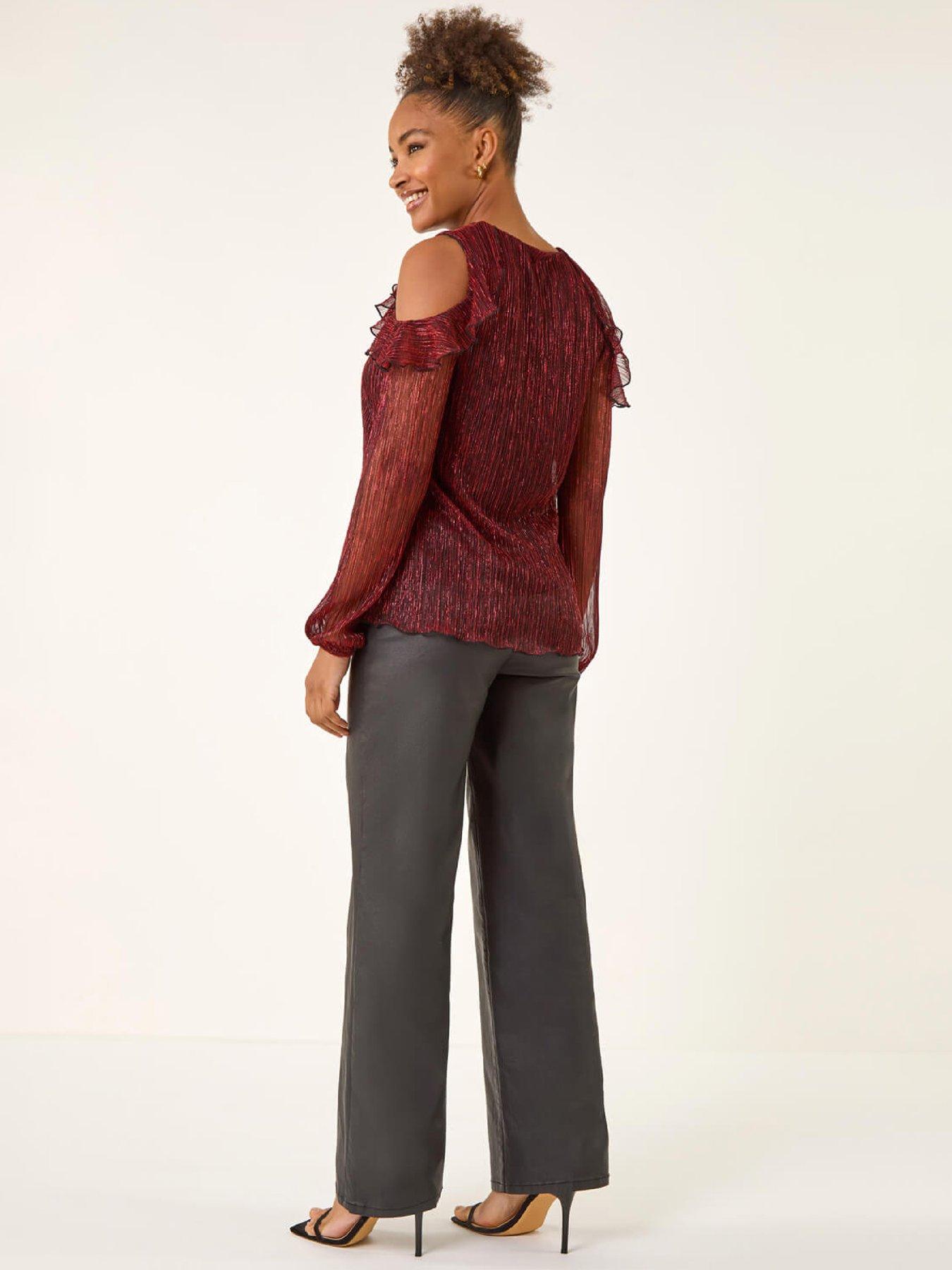  image of roman-shimmer-plisse-cold-shoulder-top-red