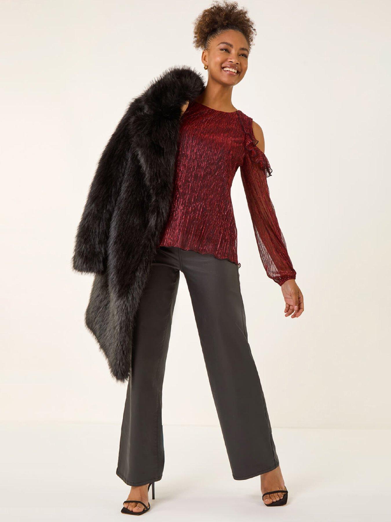  image of roman-shimmer-plisse-cold-shoulder-top-red