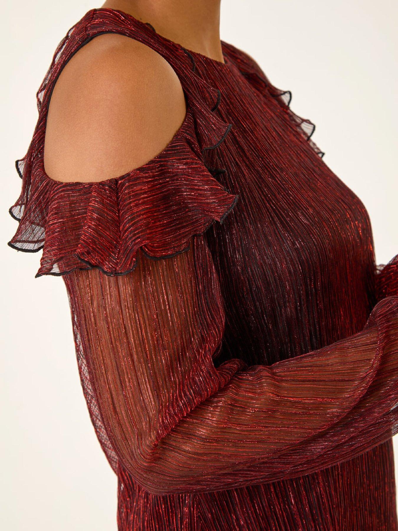  image of roman-shimmer-plisse-cold-shoulder-top-red