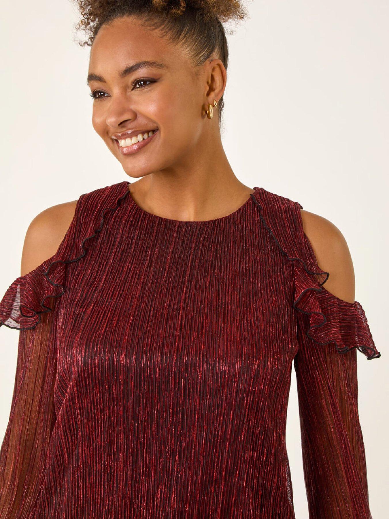 image of roman-shimmer-plisse-cold-shoulder-top-red