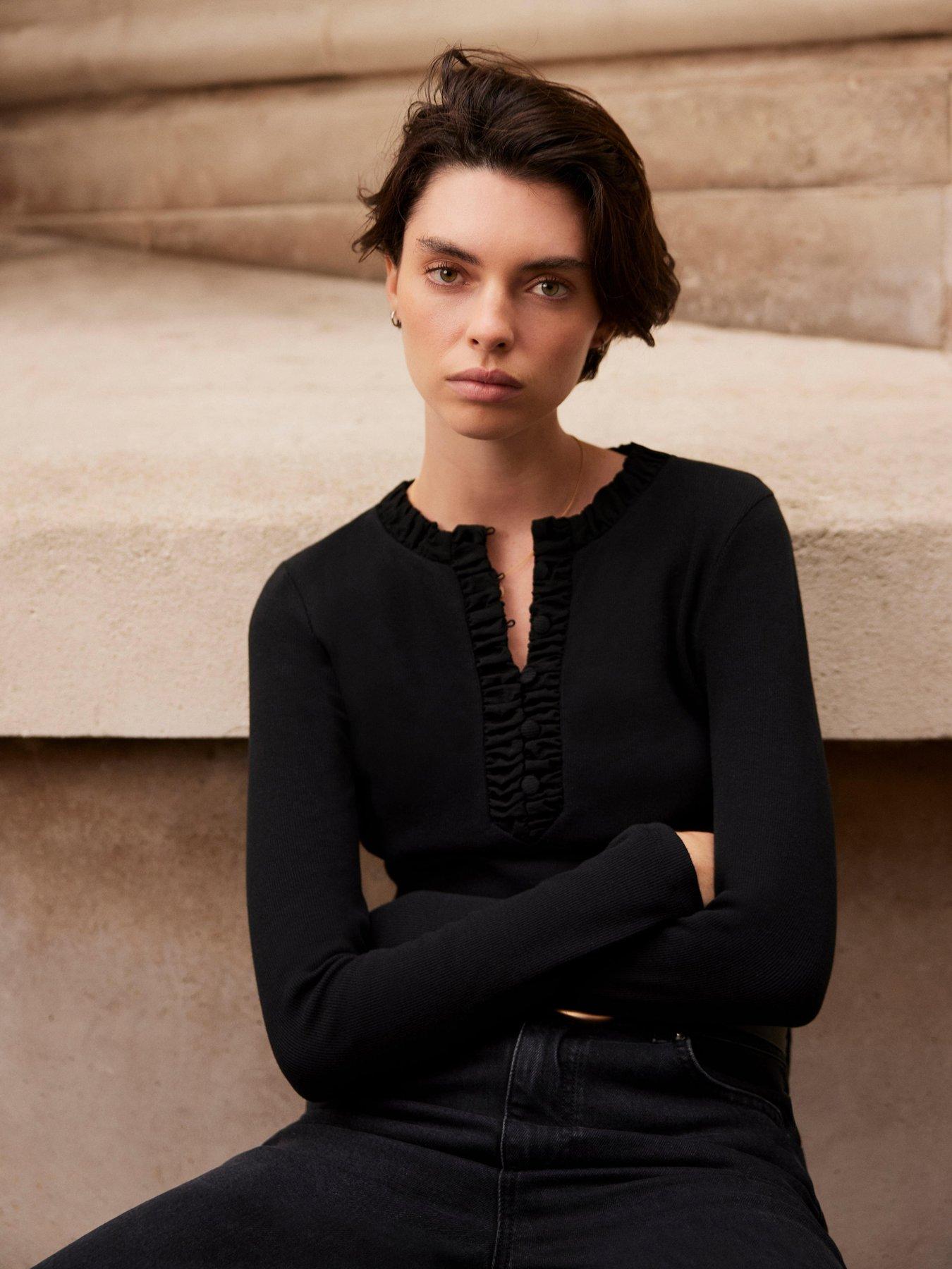 Image 1 of 6 of Mint Velvet Ribbed Henley Top - Black