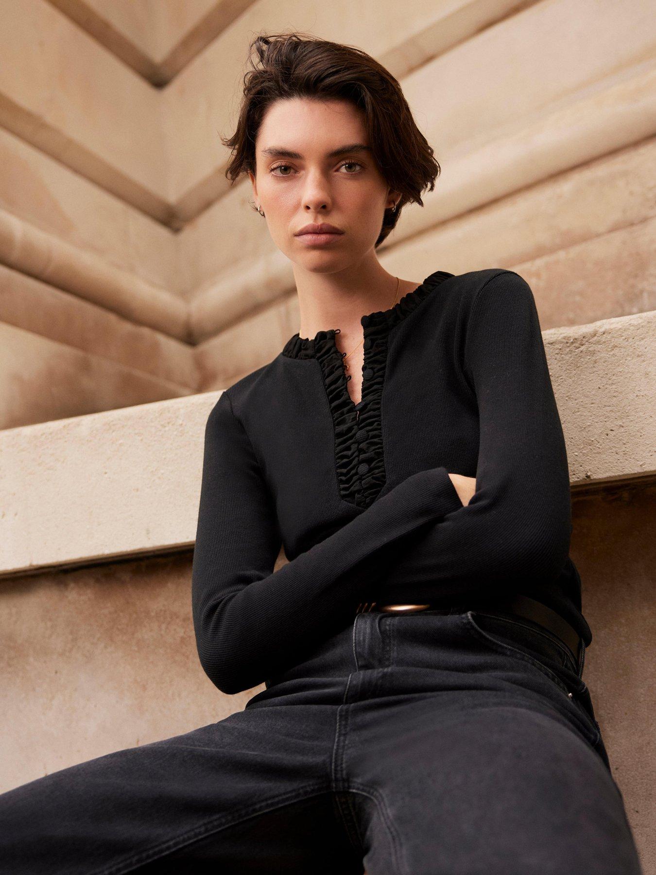 Image 2 of 6 of Mint Velvet Ribbed Henley Top - Black