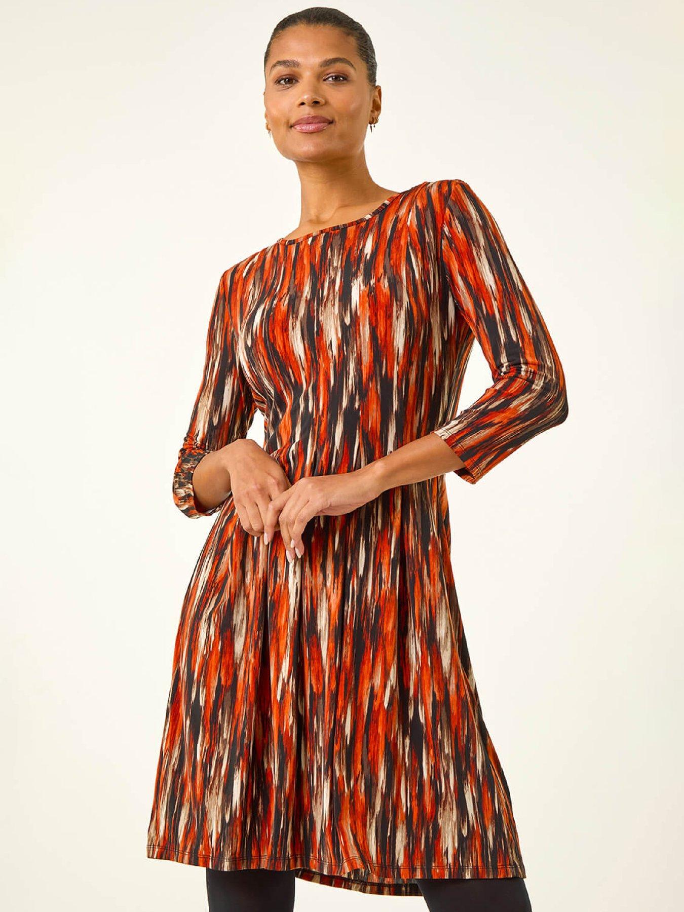 Image 1 of 5 of Roman Abstract Print Panel Stretch Dress - Orange