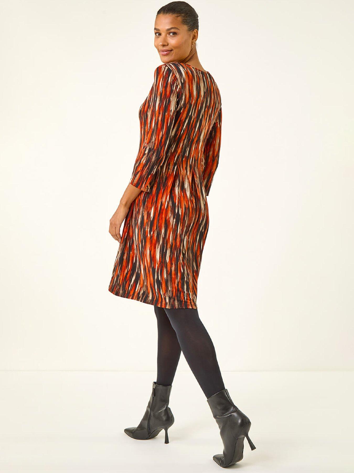 Image 2 of 5 of Roman Abstract Print Panel Stretch Dress - Orange