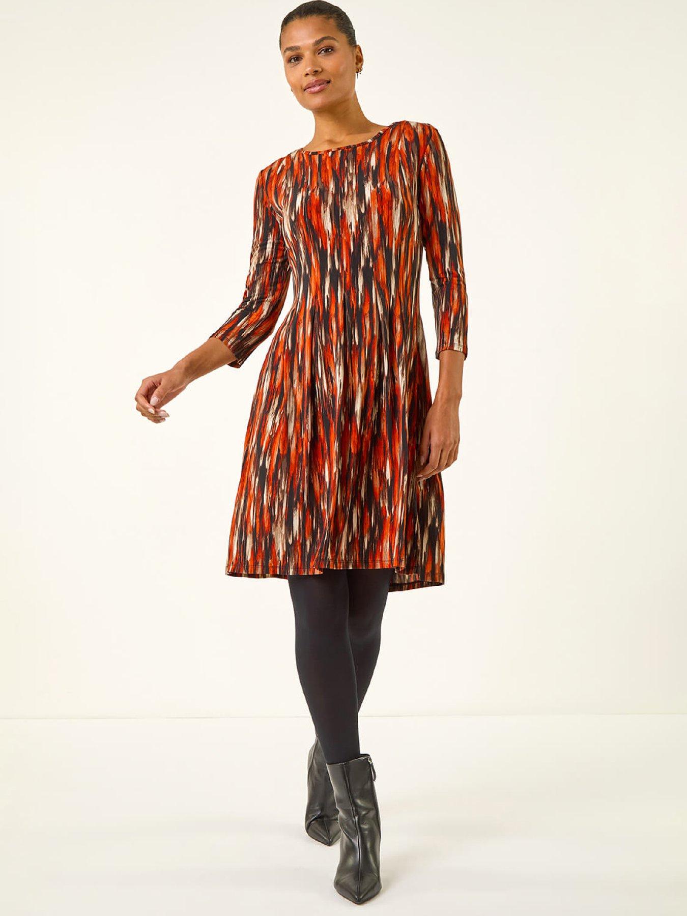 Image 3 of 5 of Roman Abstract Print Panel Stretch Dress - Orange