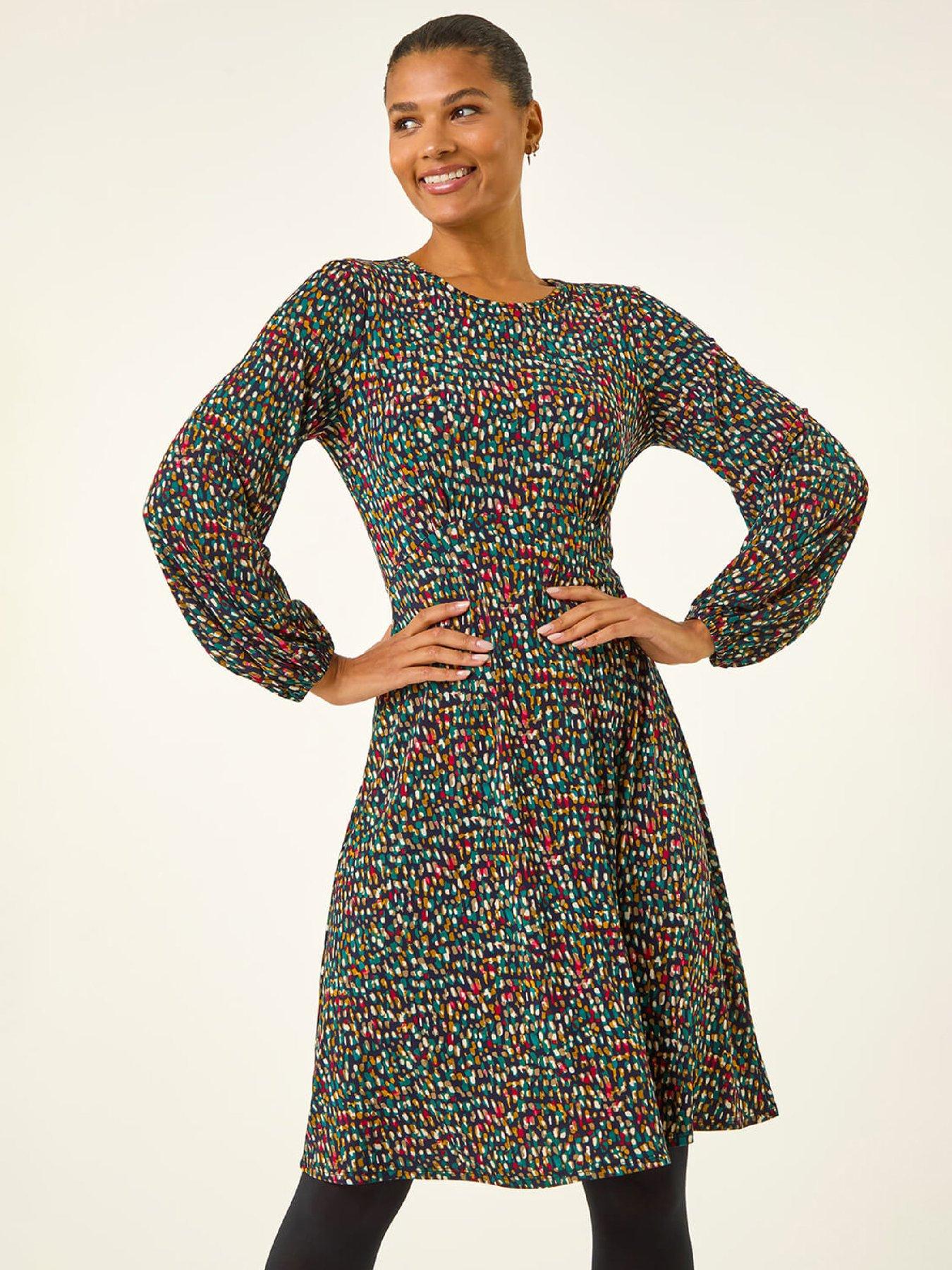 Roman Spot Print Frill Stretch Dress - Green