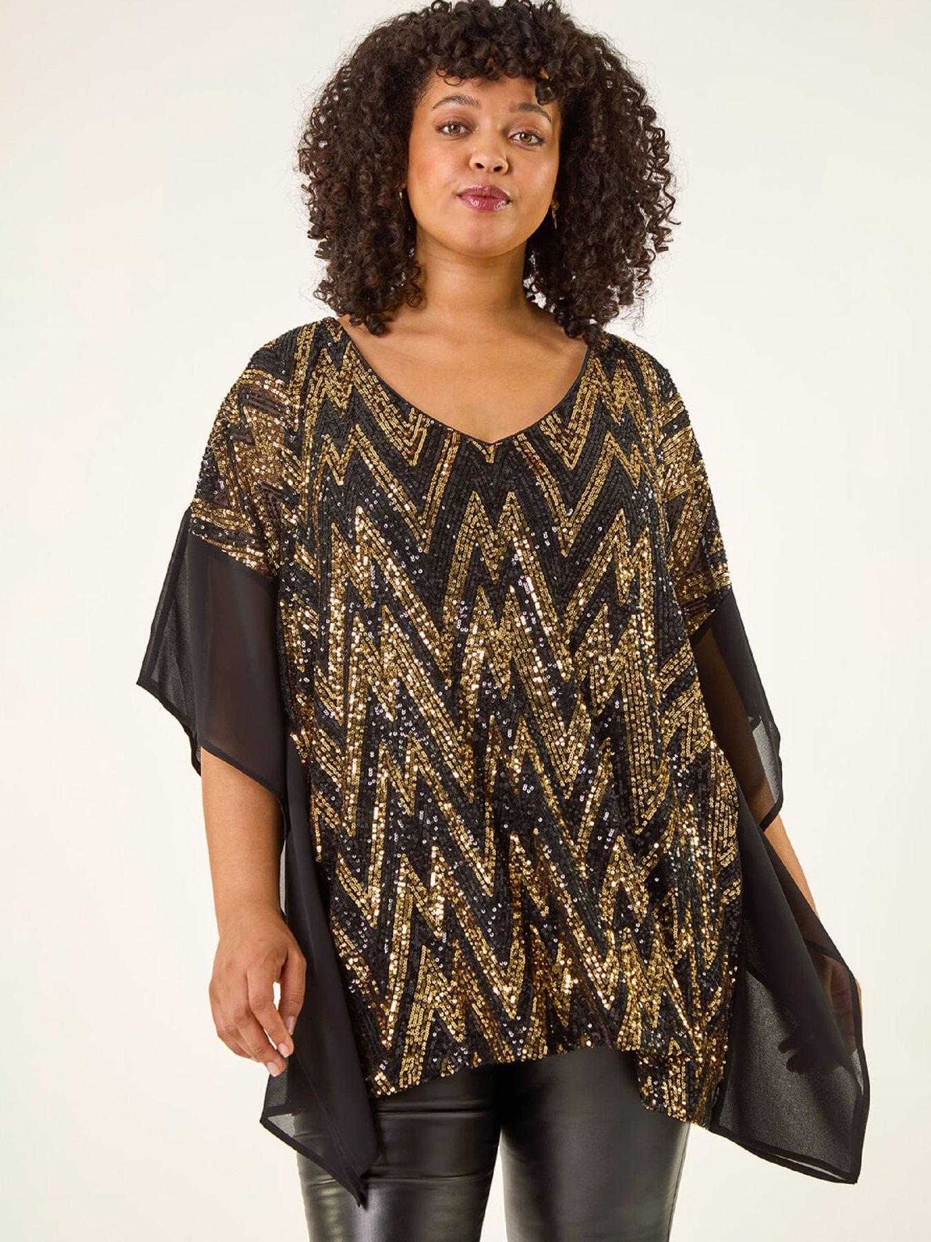 Image 1 of 5 of Roman Curve Zig Zag Sequin Overlay Top - Gold