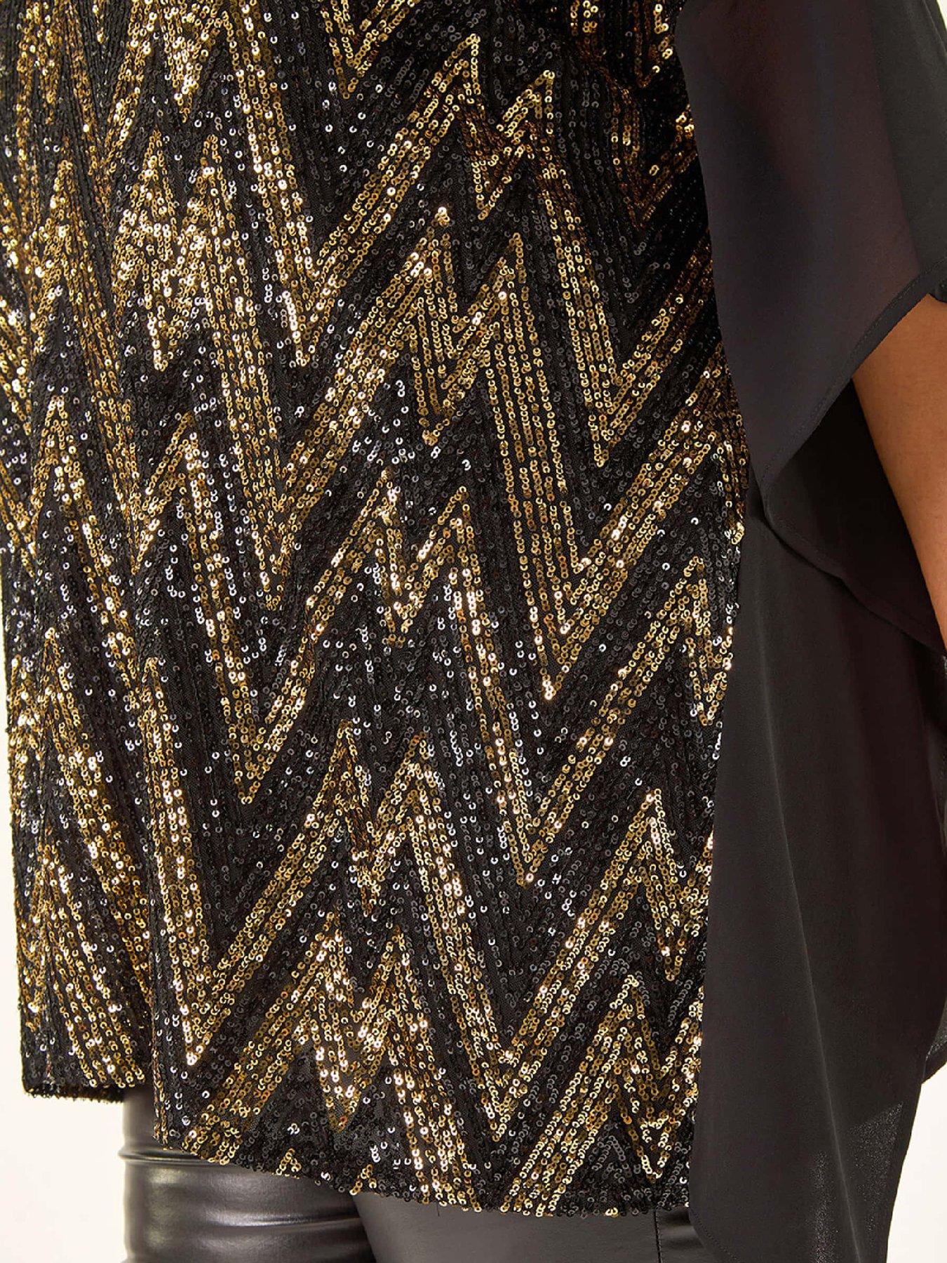 Image 4 of 5 of Roman Curve Zig Zag Sequin Overlay Top - Gold