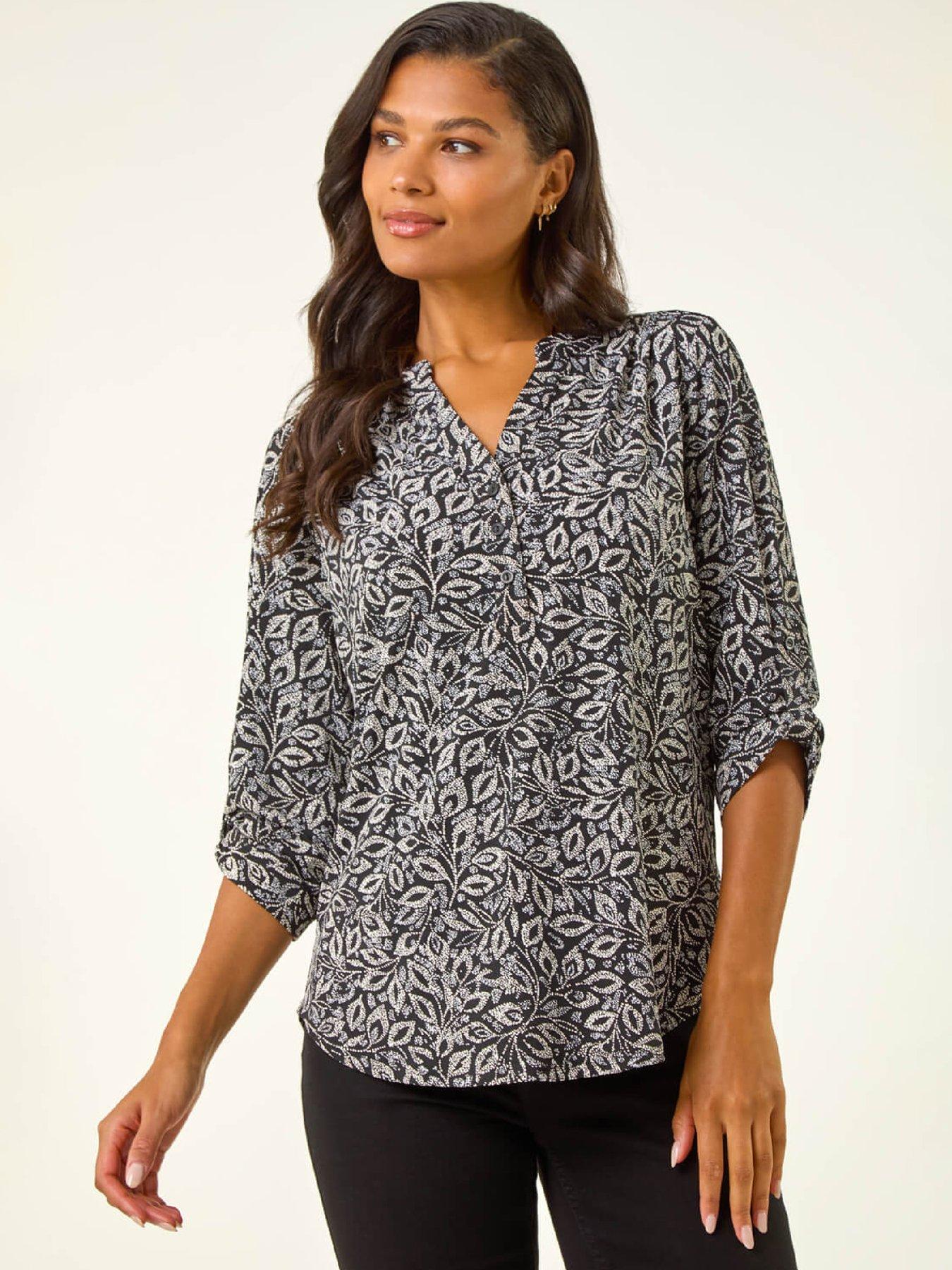 Roman Printed V-neck Stretch Top - Black