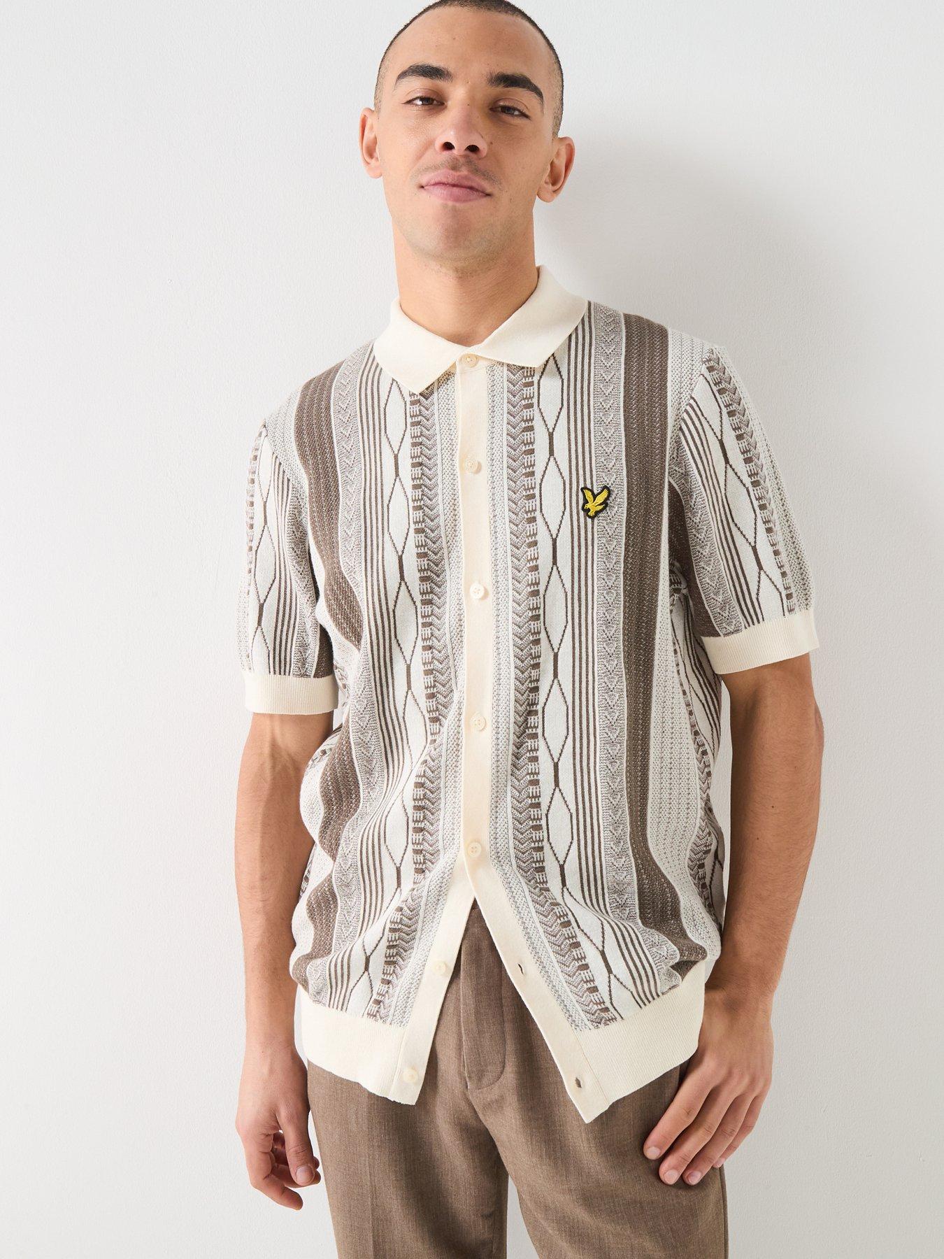 Image 1 of 5 of Lyle & Scott Brocade Jacquard Short Sleeve Knitted Shirt - Beige