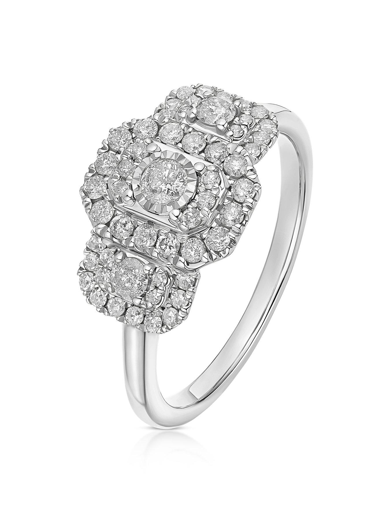  image of h-samuel-9ct-emerald-shaped-trilogy-halo-050ct-diamond-ring-white-gold