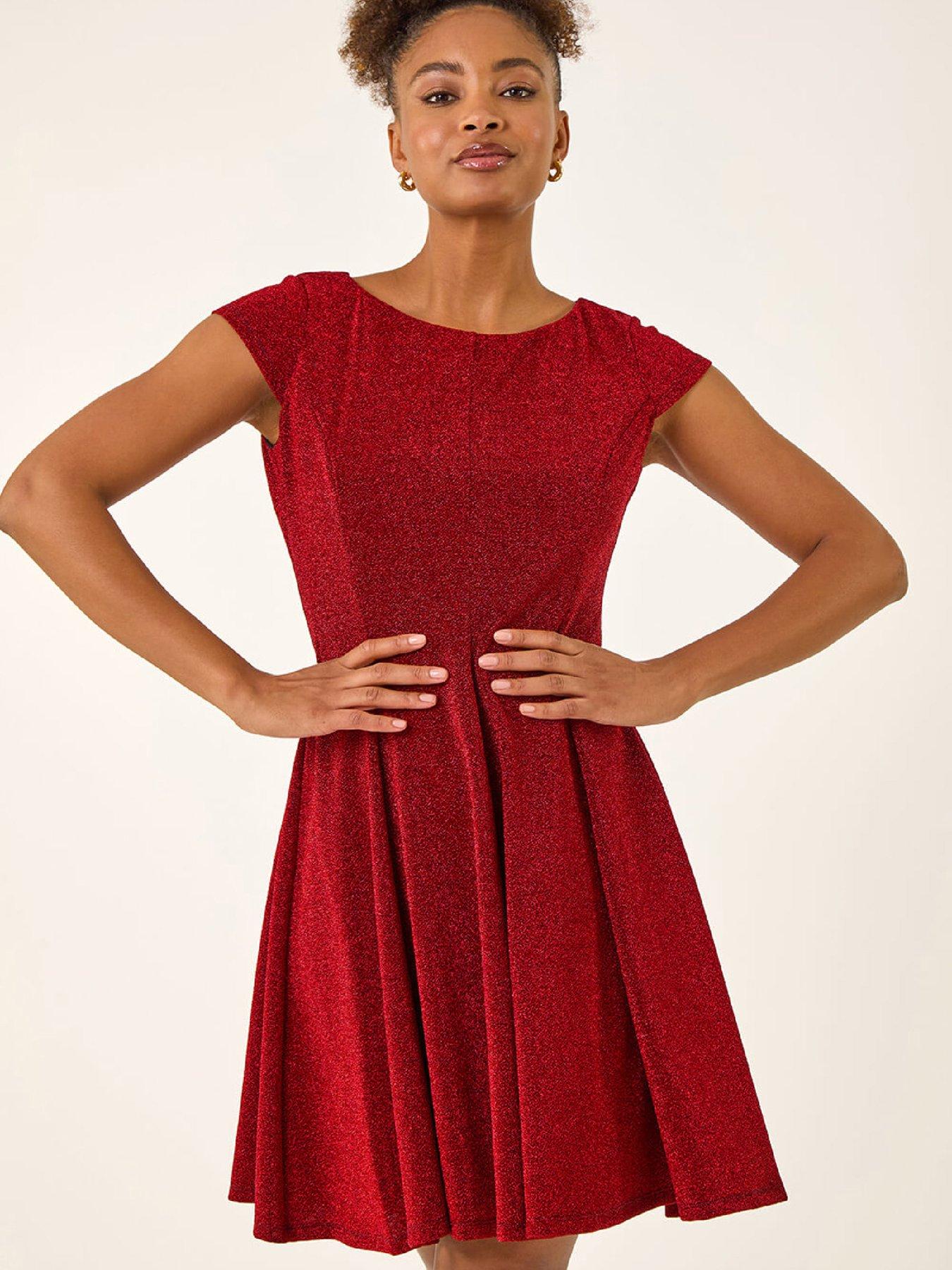 Roman Metallic Stretch Flare Dress - Red