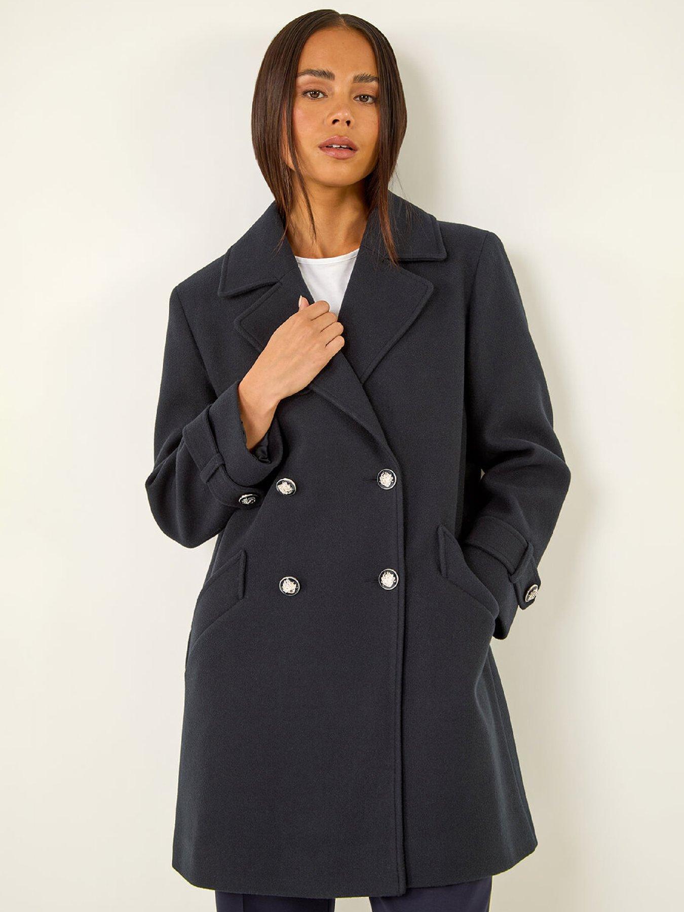 Roman Petite Double Breasted Collared Peacoat - Navy