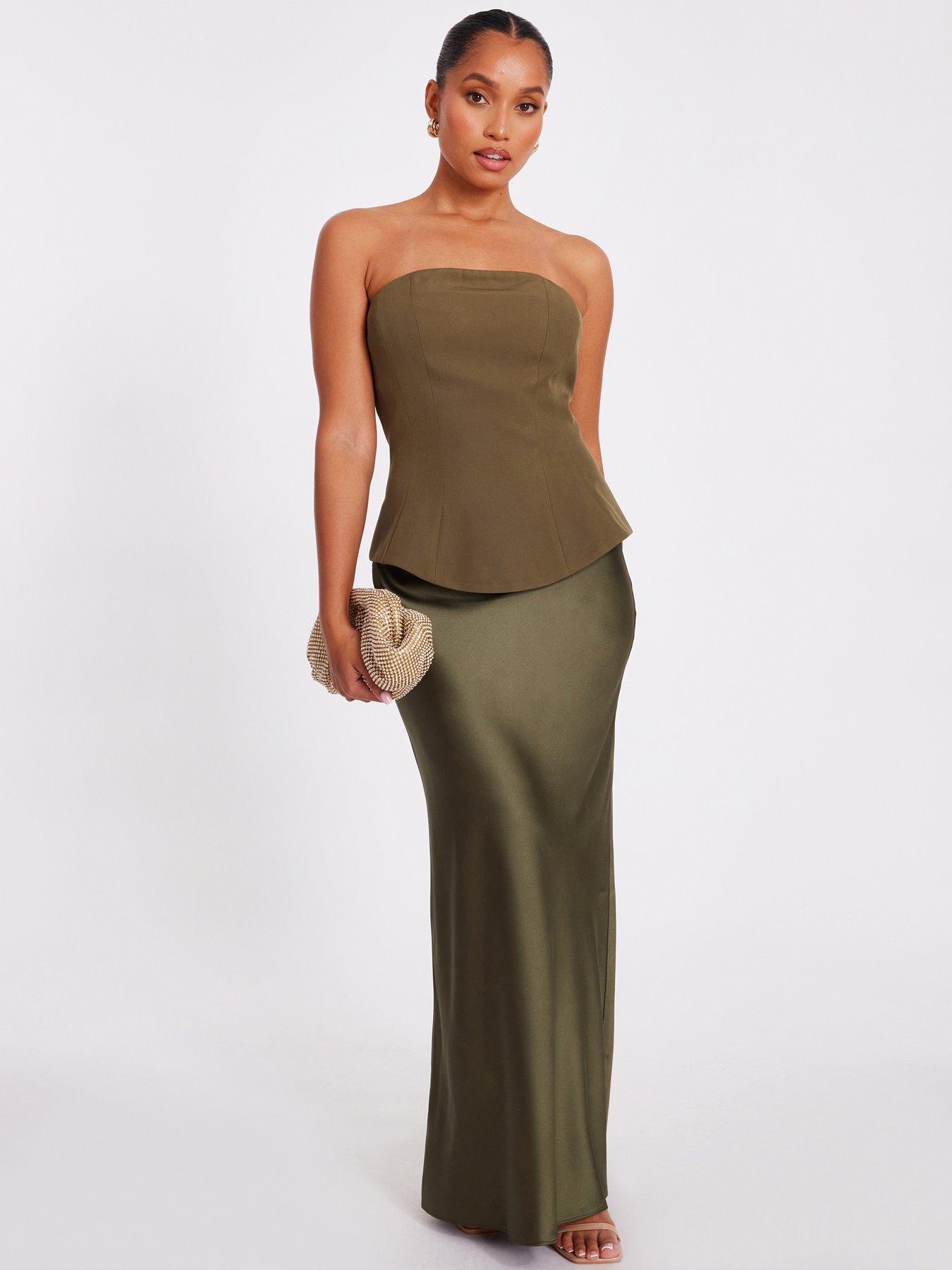 front image of quiz-petite-olive-satin-hem-midaxi-dress