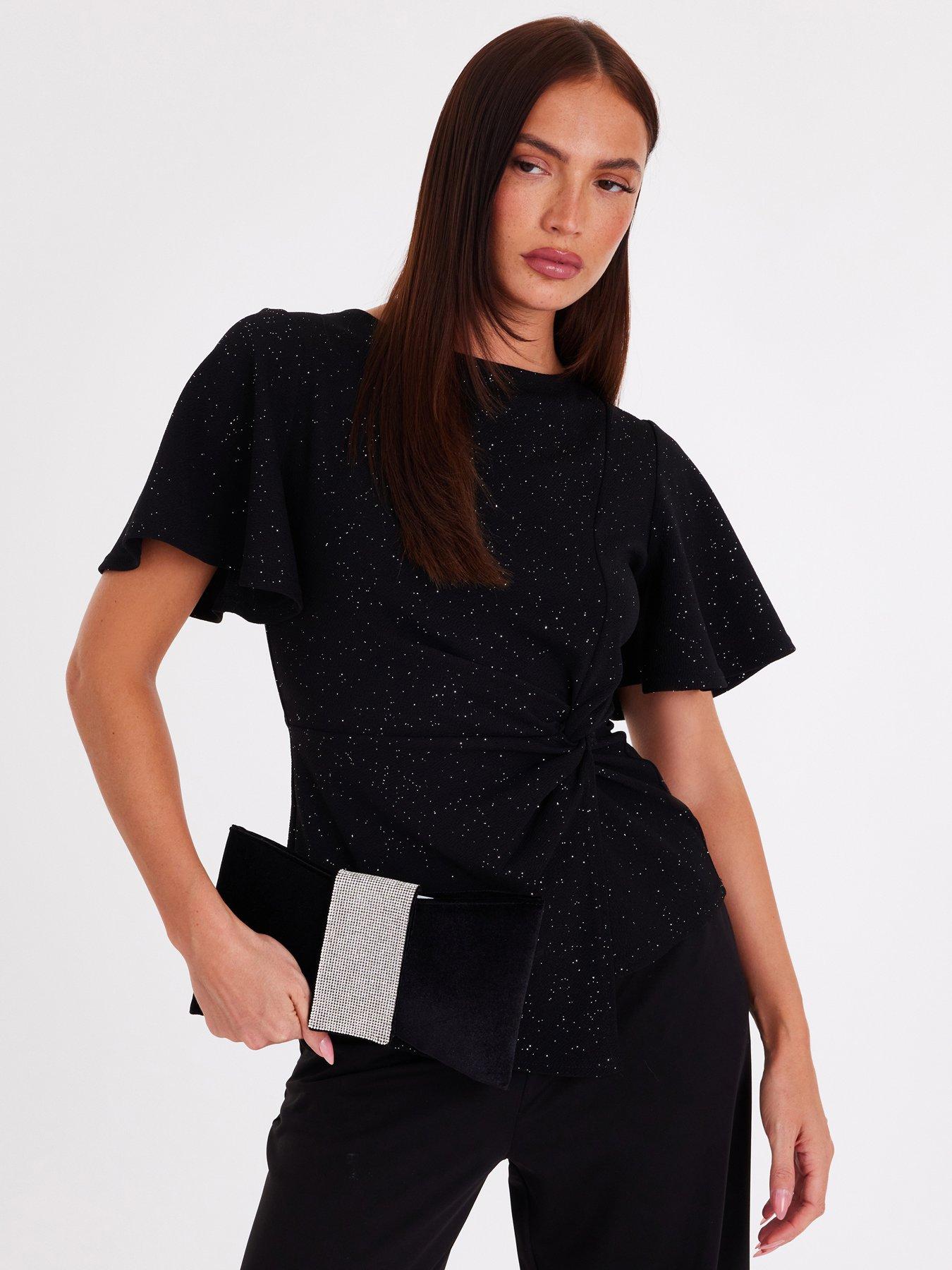 Quiz Black Glitter Twist Front Top
