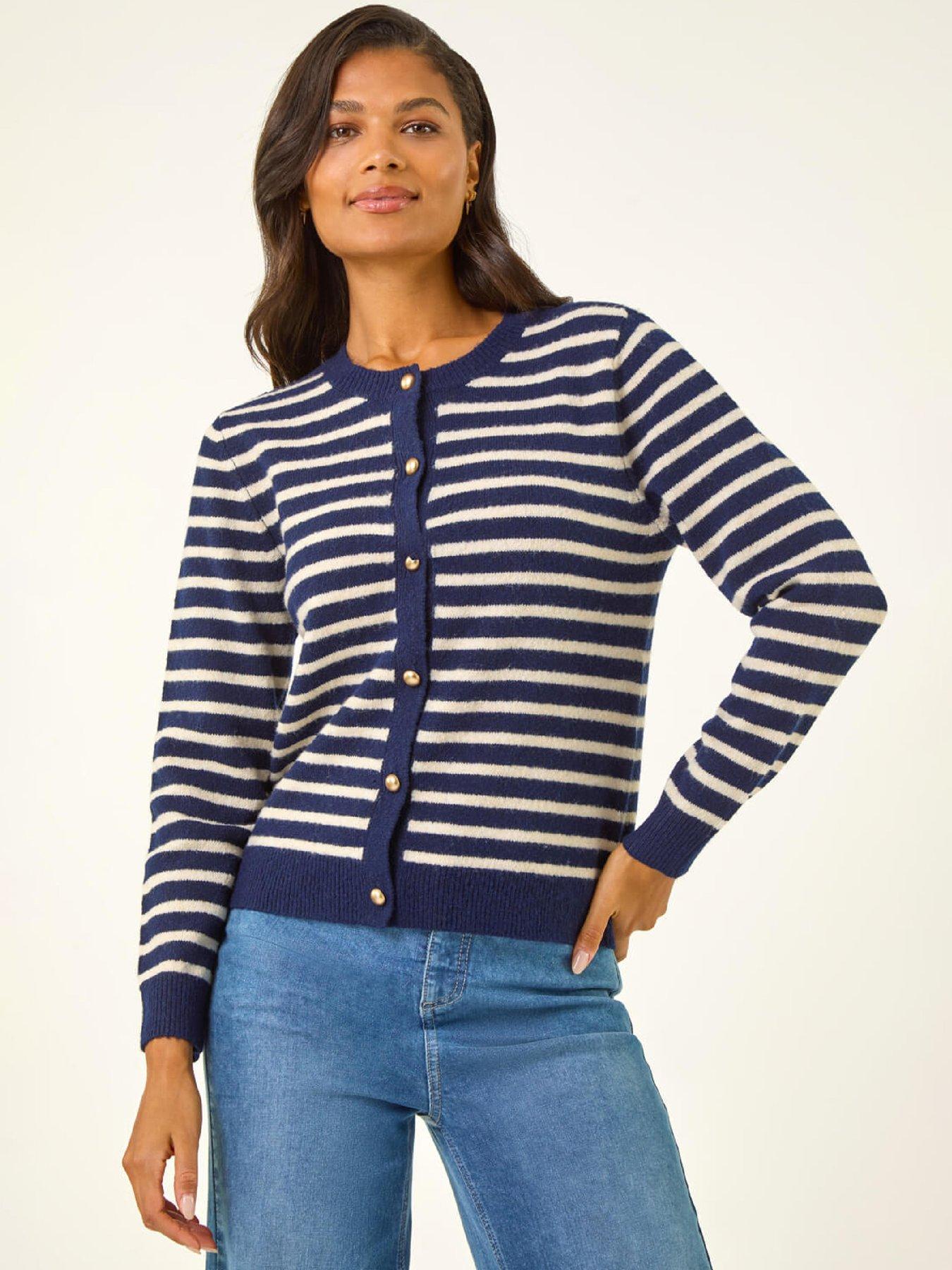 Roman Soft Stripe Button Knit Cardigan - Navy