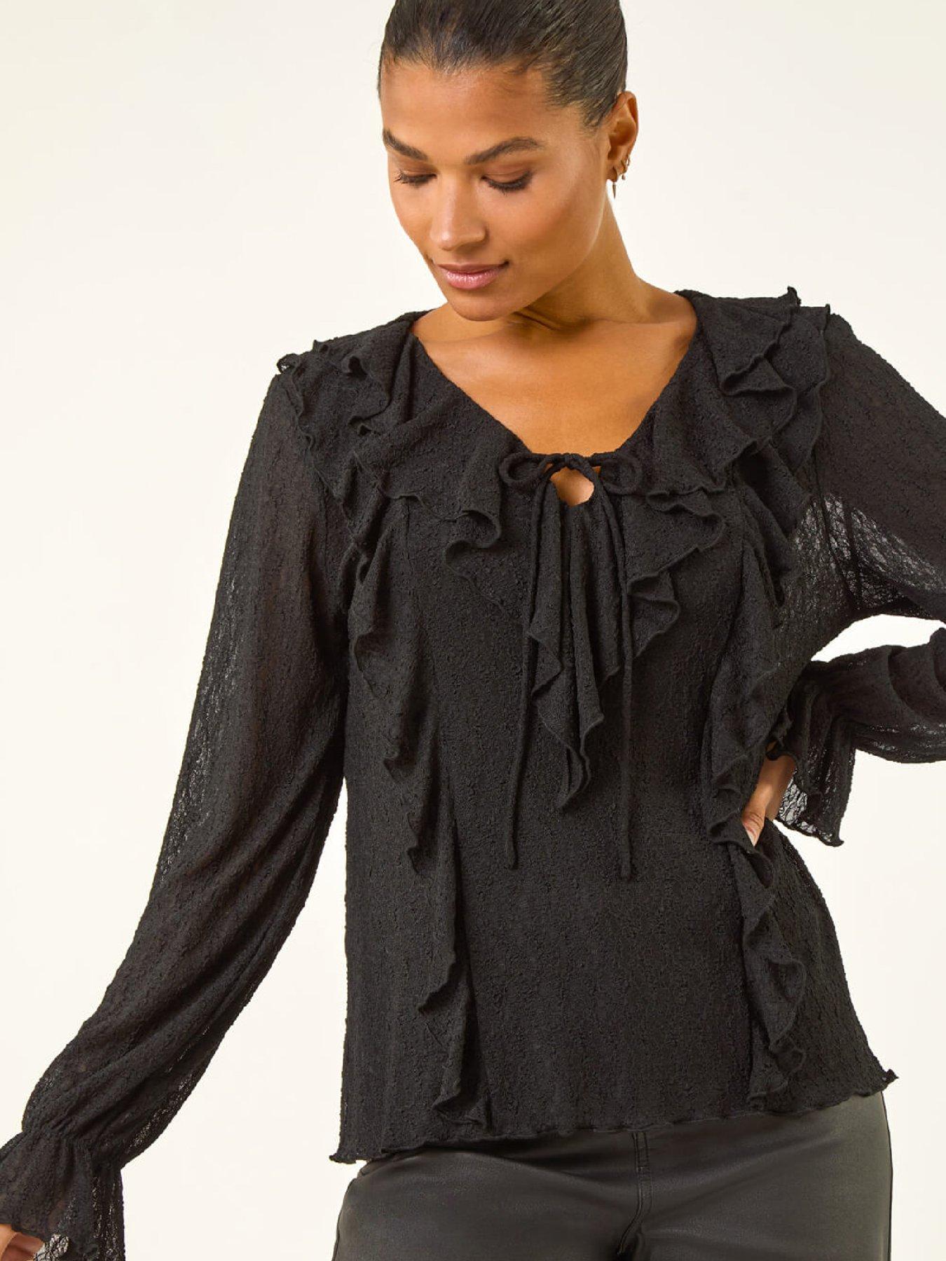  image of roman-lace-ruffle-front-top-black