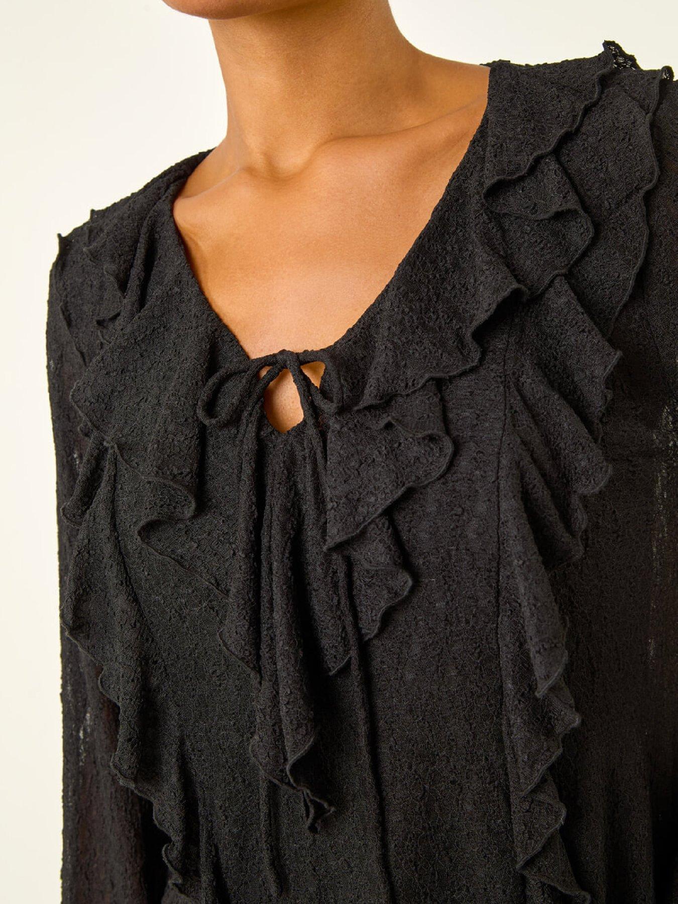  image of roman-lace-ruffle-front-top-black