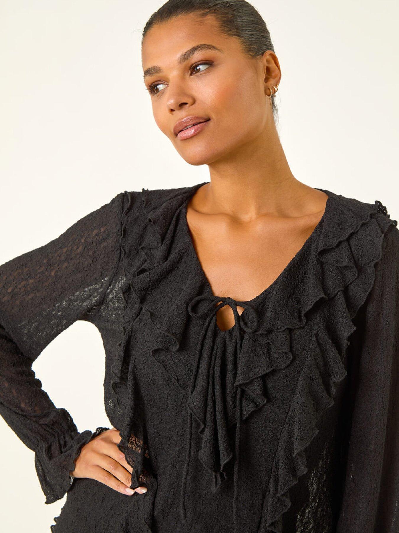  image of roman-lace-ruffle-front-top-black