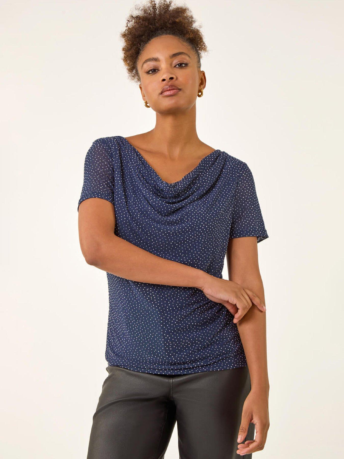 Roman Embellished Cowl Neck Top - Navy
