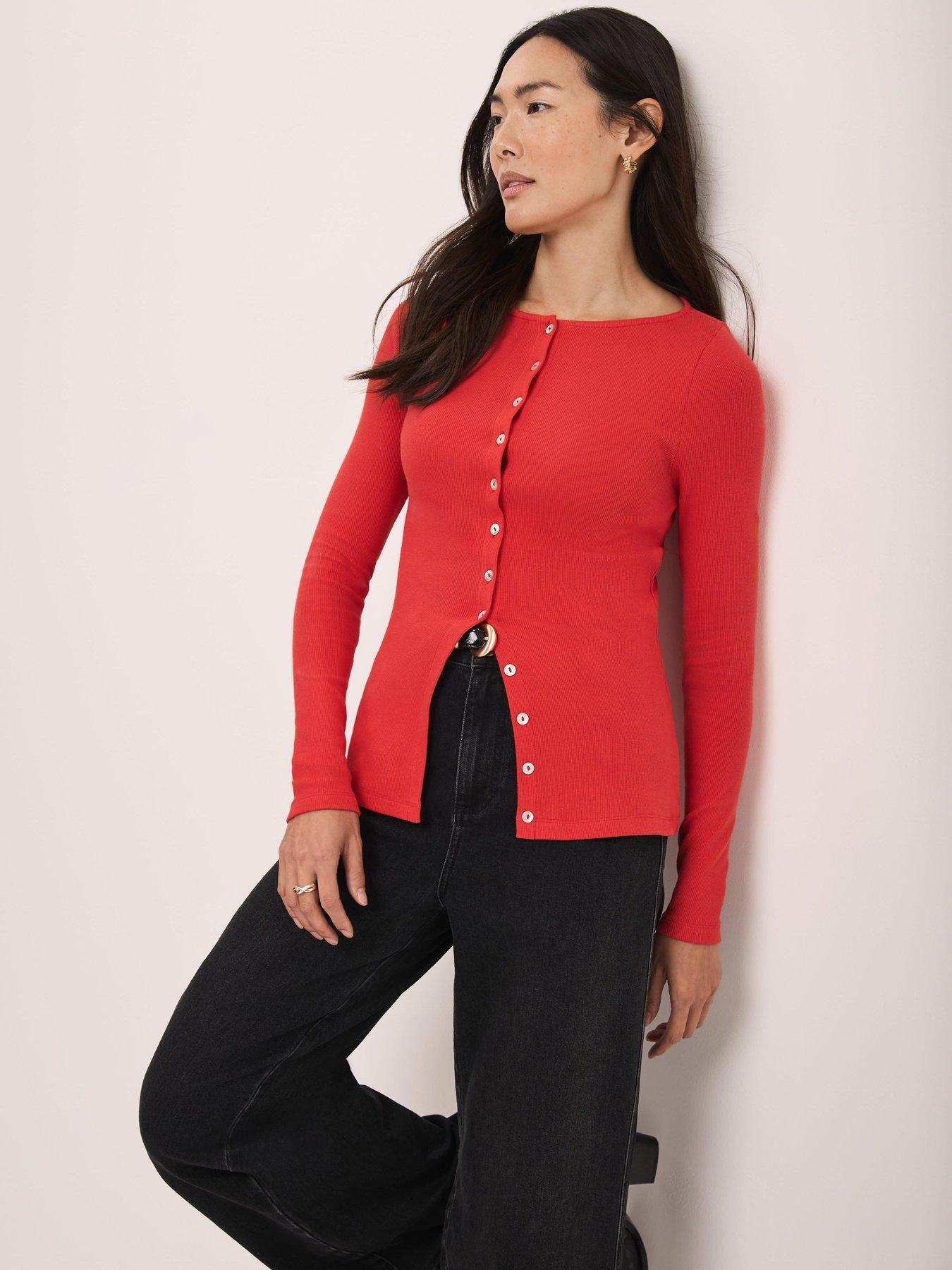 Mint Velvet Button Through Rib Top - Red | Littlewoods