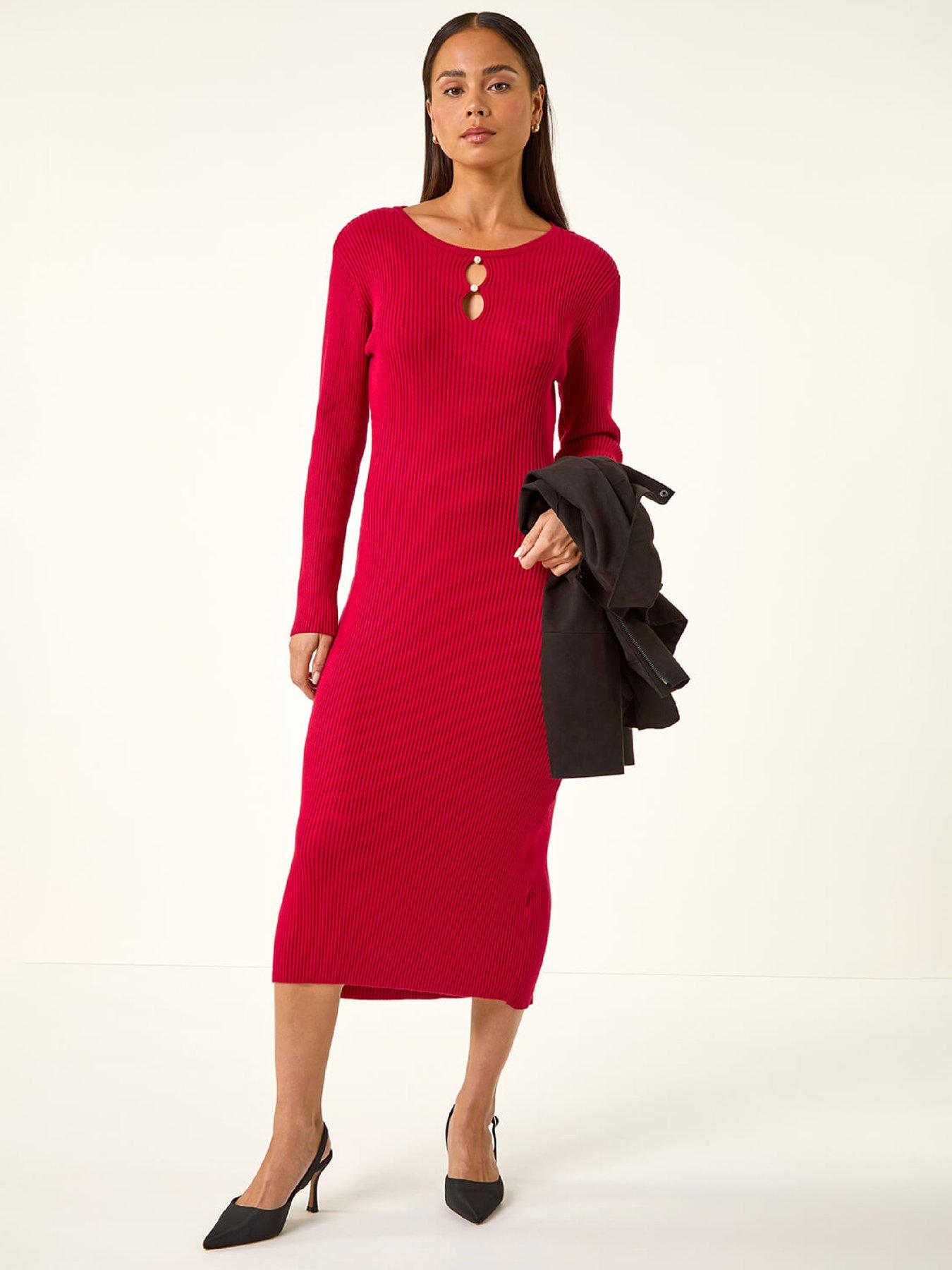  image of roman-petite-faux-pearl-knitted-midi-dress-red