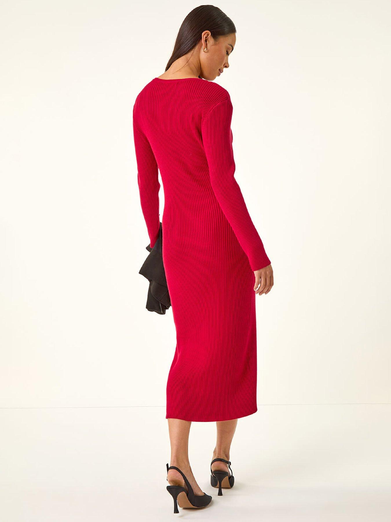  image of roman-petite-faux-pearl-knitted-midi-dress-red