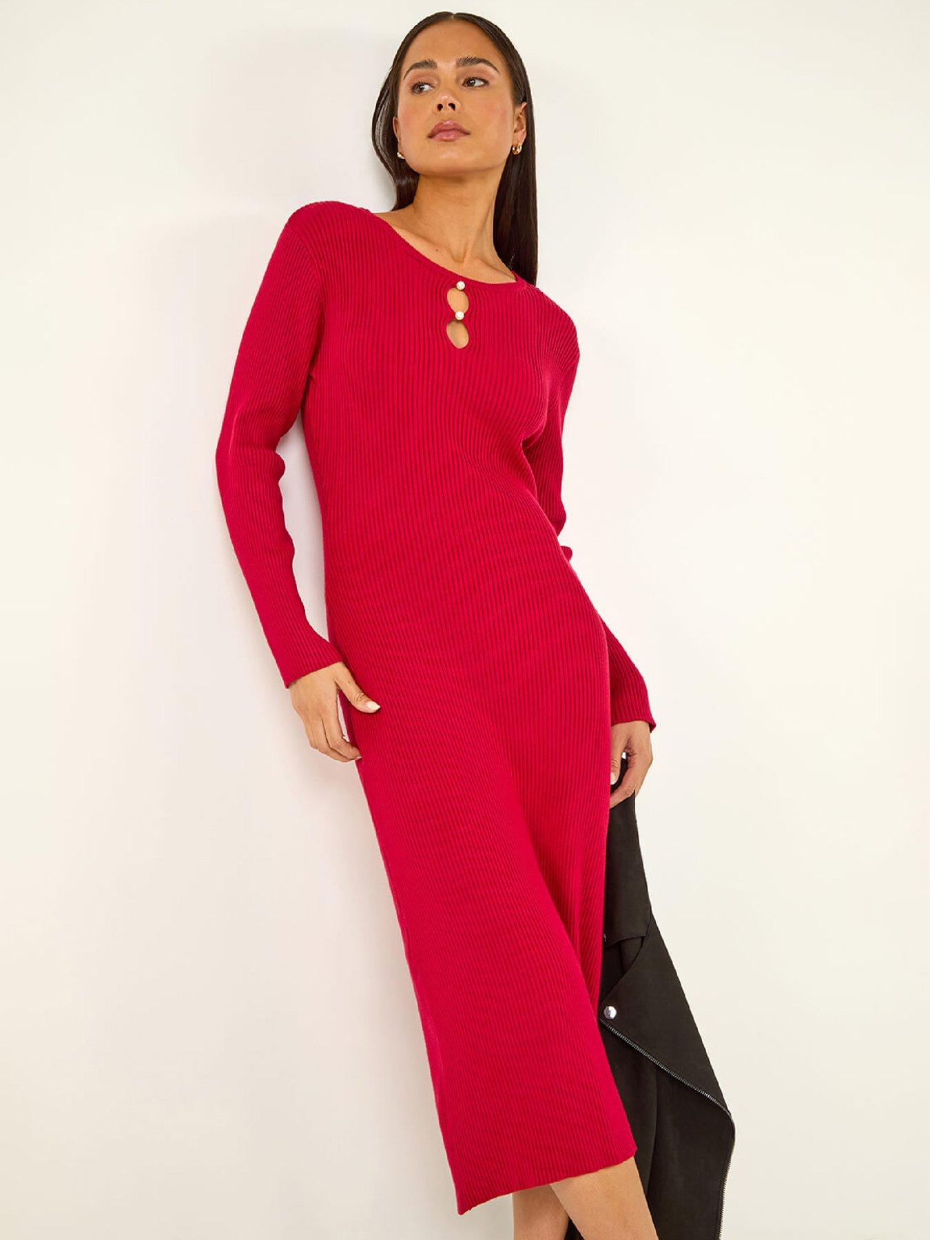  image of roman-petite-faux-pearl-knitted-midi-dress-red