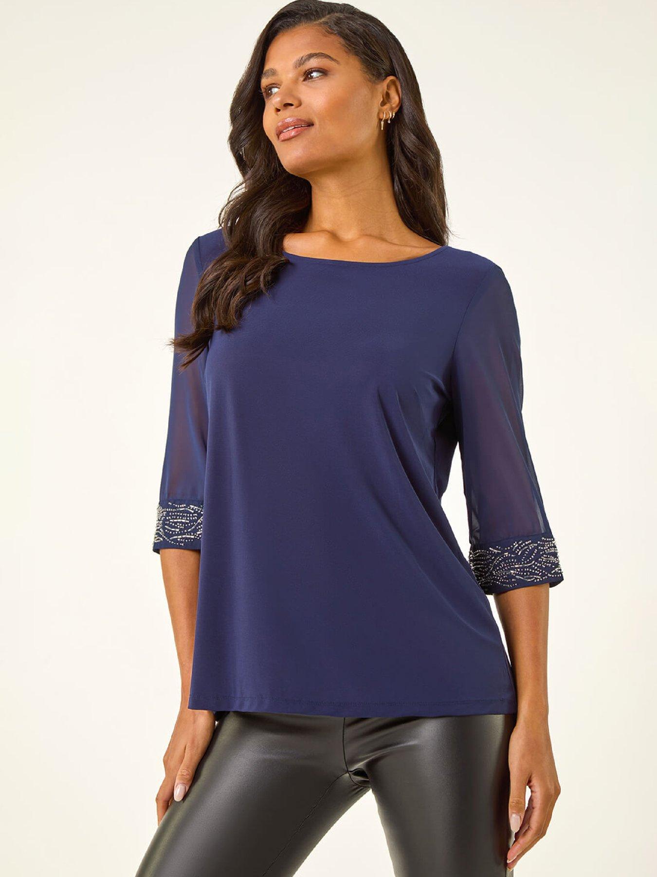 image of roman-embellished-cuff-chiffon-top-midnight-blue