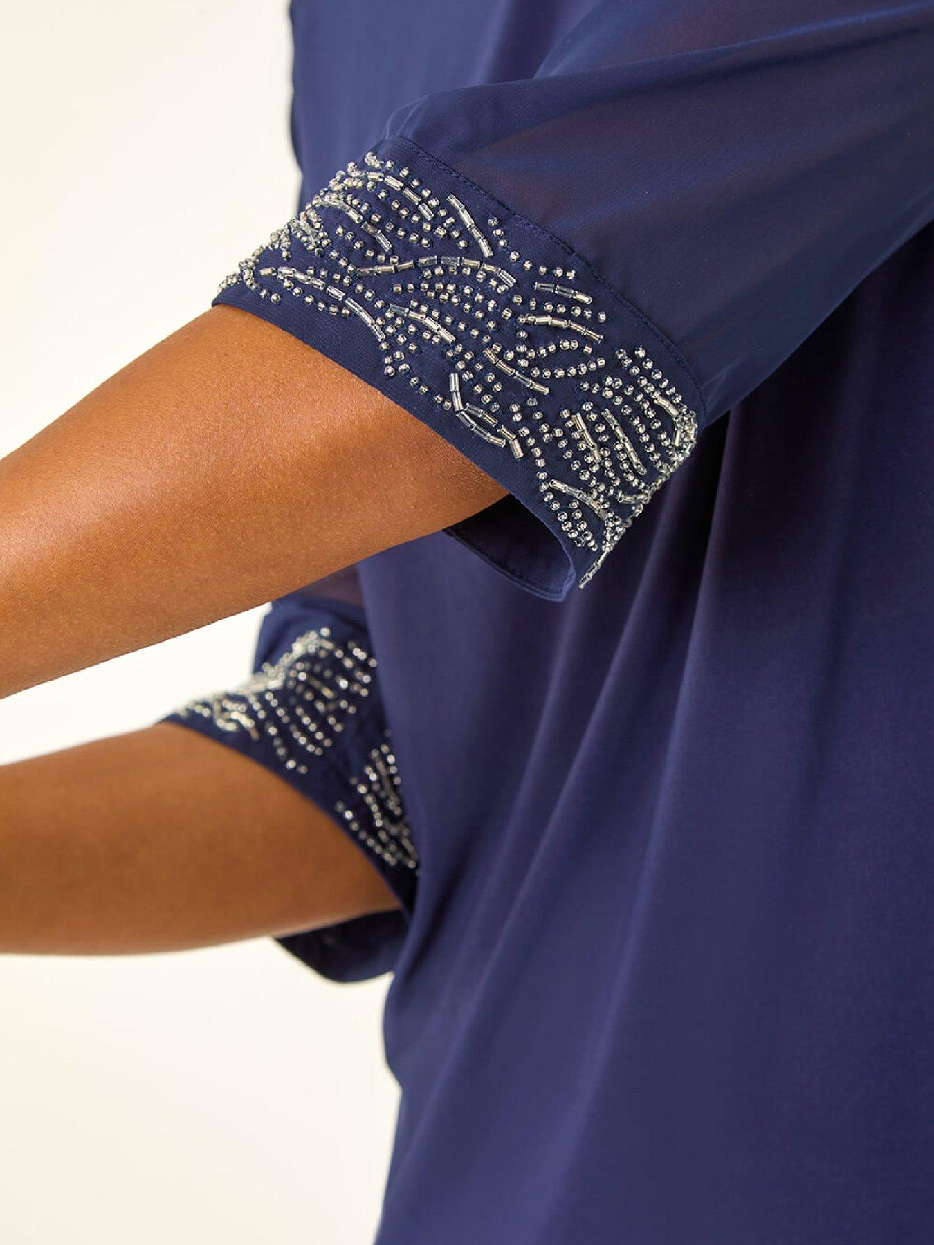  image of roman-embellished-cuff-chiffon-top-midnight-blue