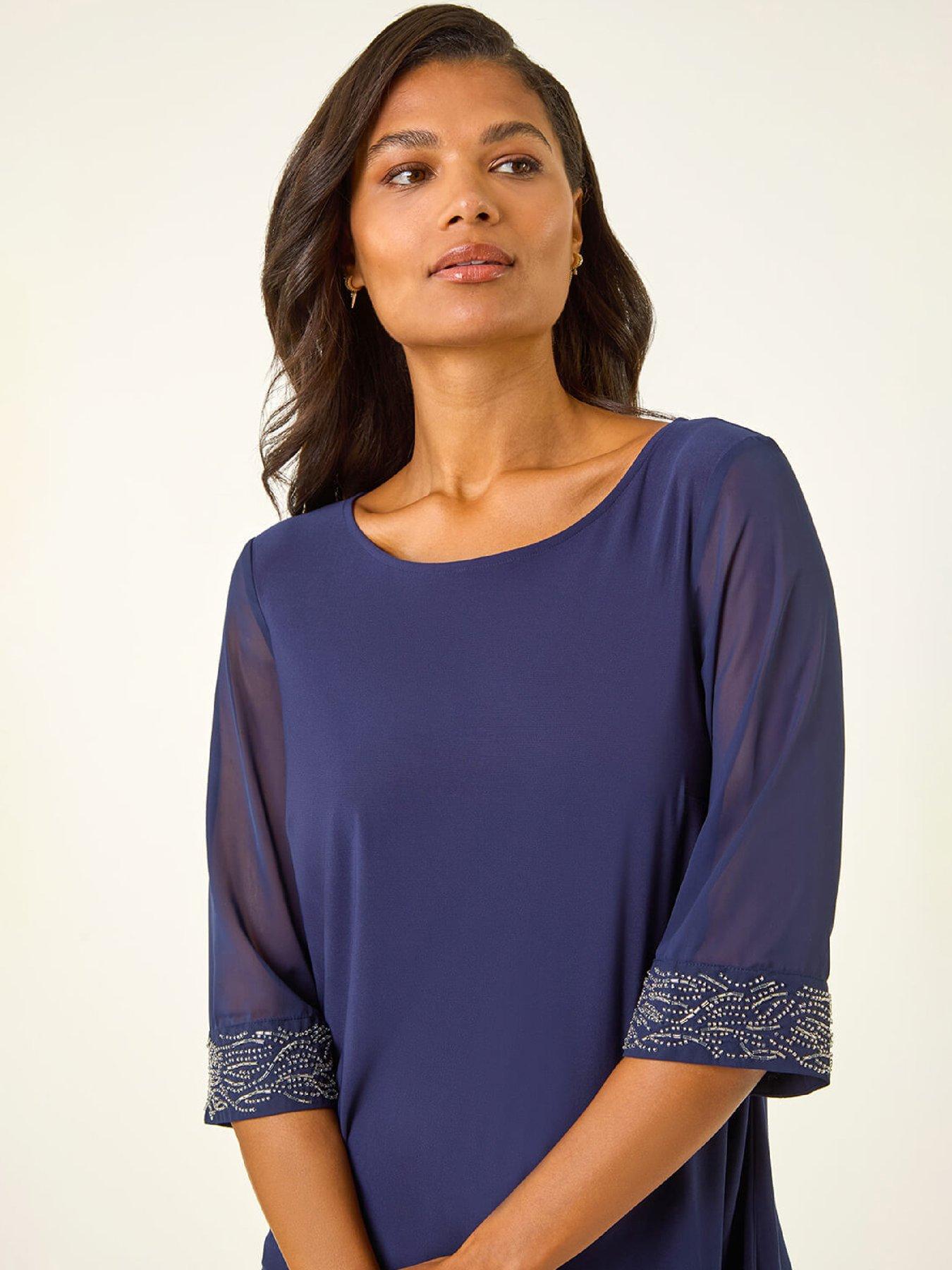  image of roman-embellished-cuff-chiffon-top-midnight-blue