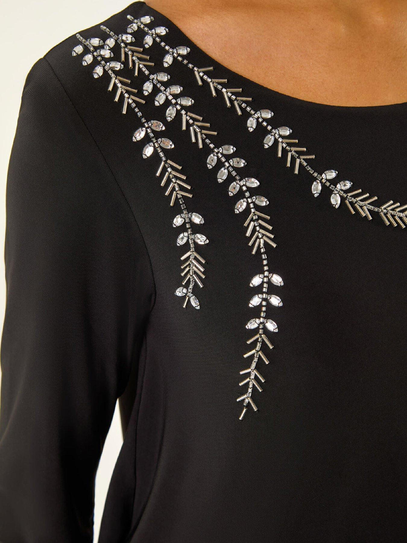 Image 4 of 5 of Roman Embellished Double Layer Tunic Top - Black