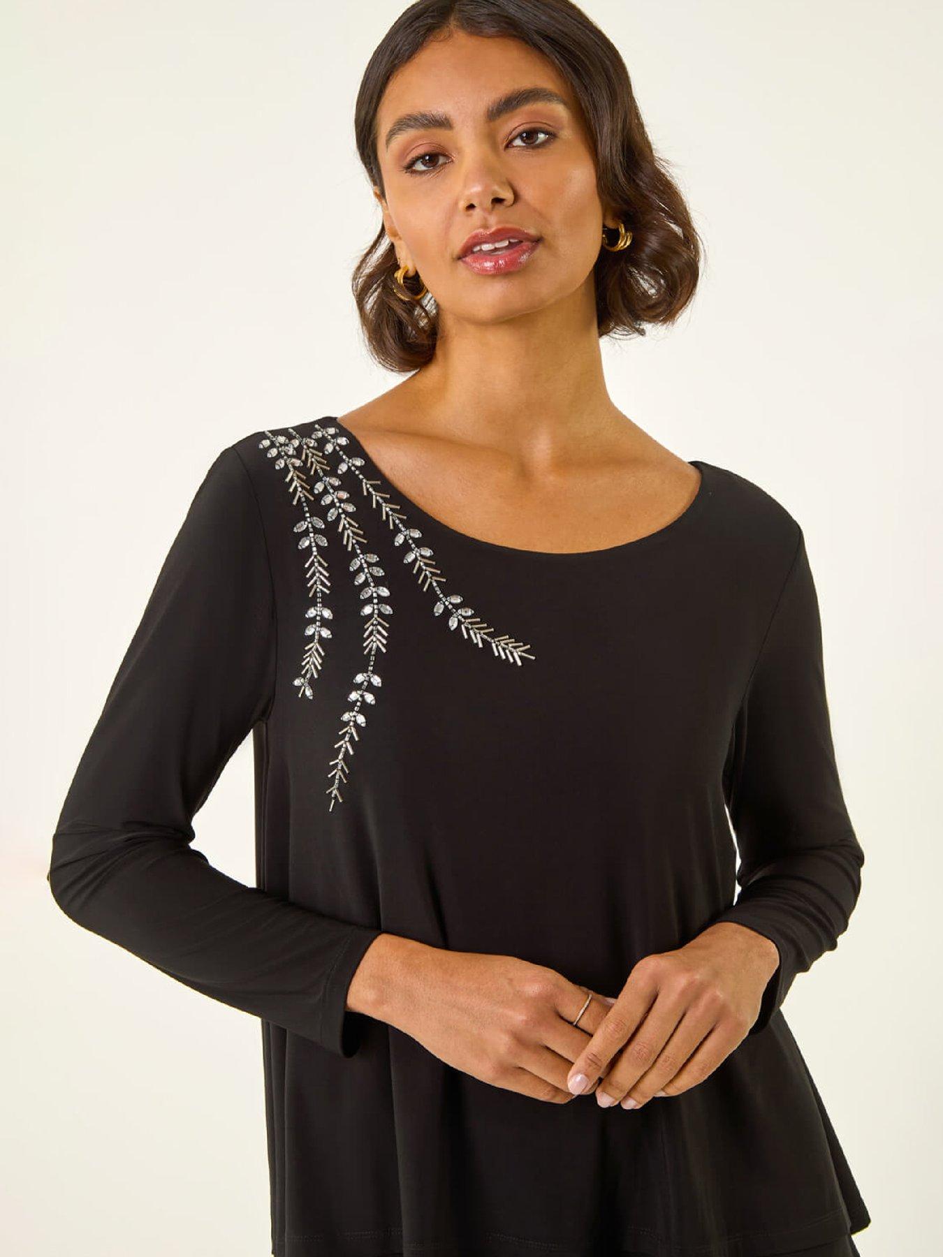 Image 5 of 5 of Roman Embellished Double Layer Tunic Top - Black
