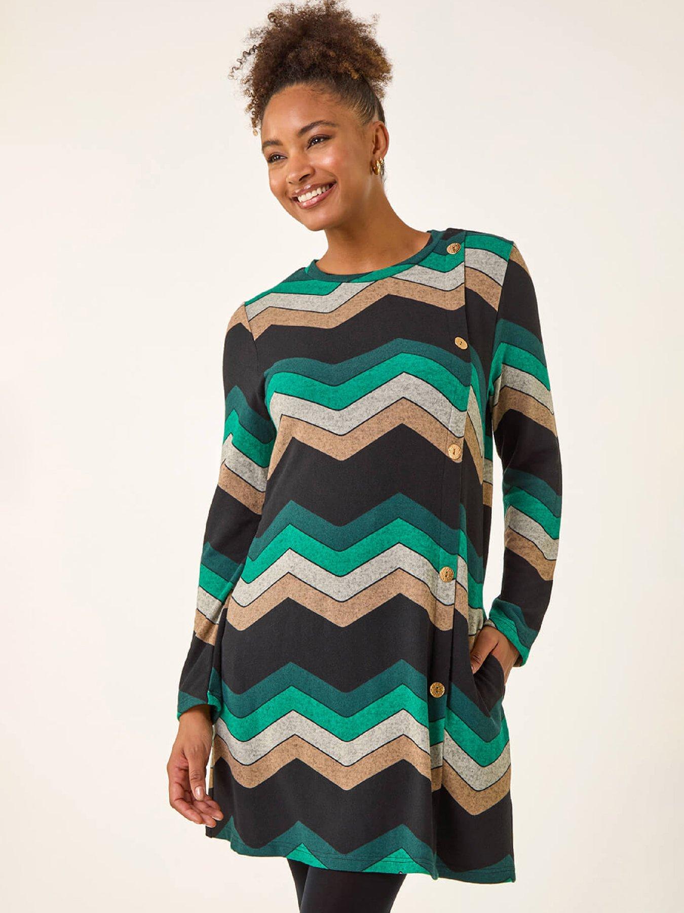 Roman Zig Zag Side Button Dress - Green | Littlewoods
