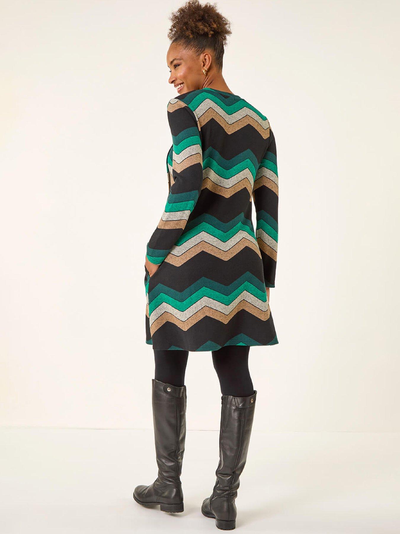 Roman Zig Zag Side Button Dress - Green | Littlewoods
