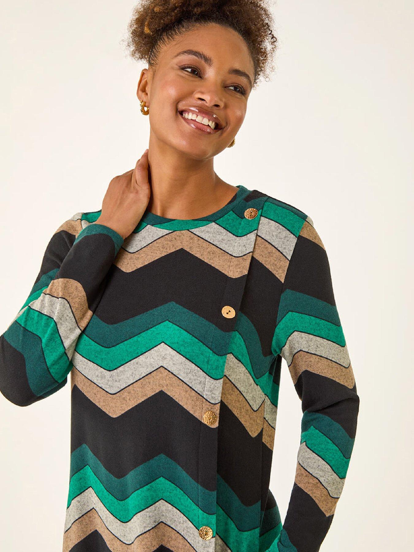 Roman Zig Zag Side Button Dress - Green | Littlewoods