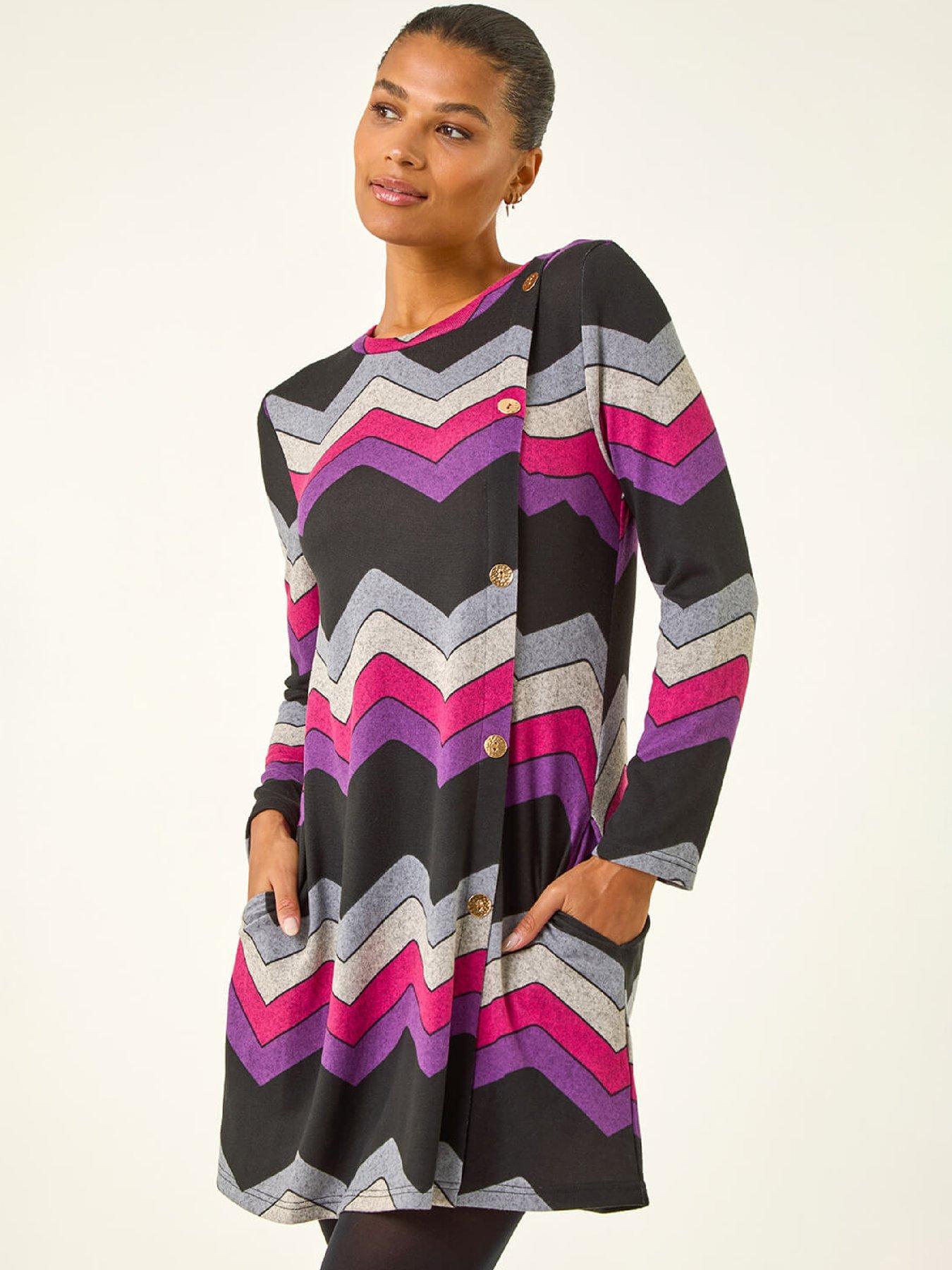 Roman Zig Zag Side Button Dress - Purple