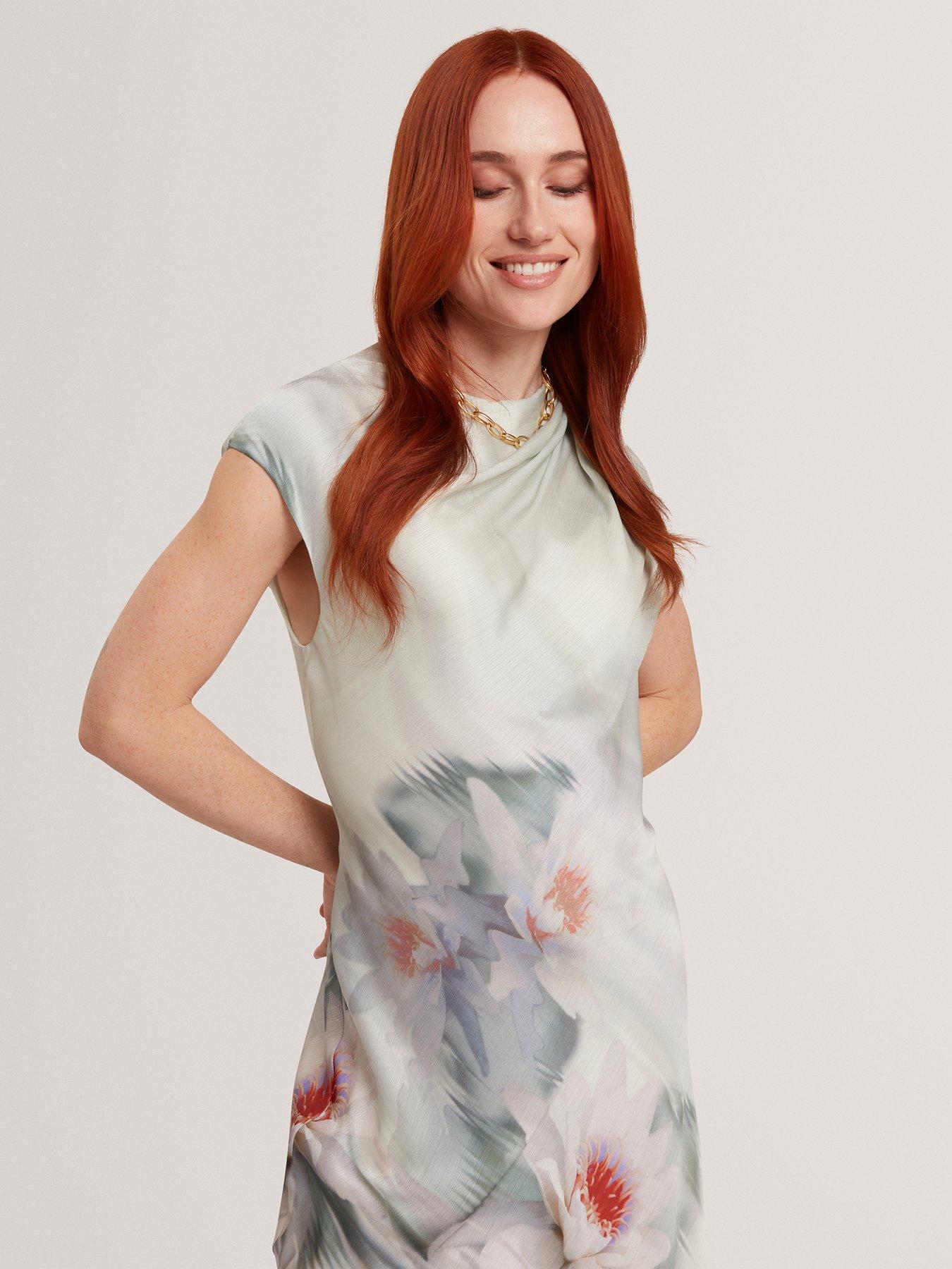 Image 2 of 5 of Ted Baker Draped Neck Printed Midi Dress - Green