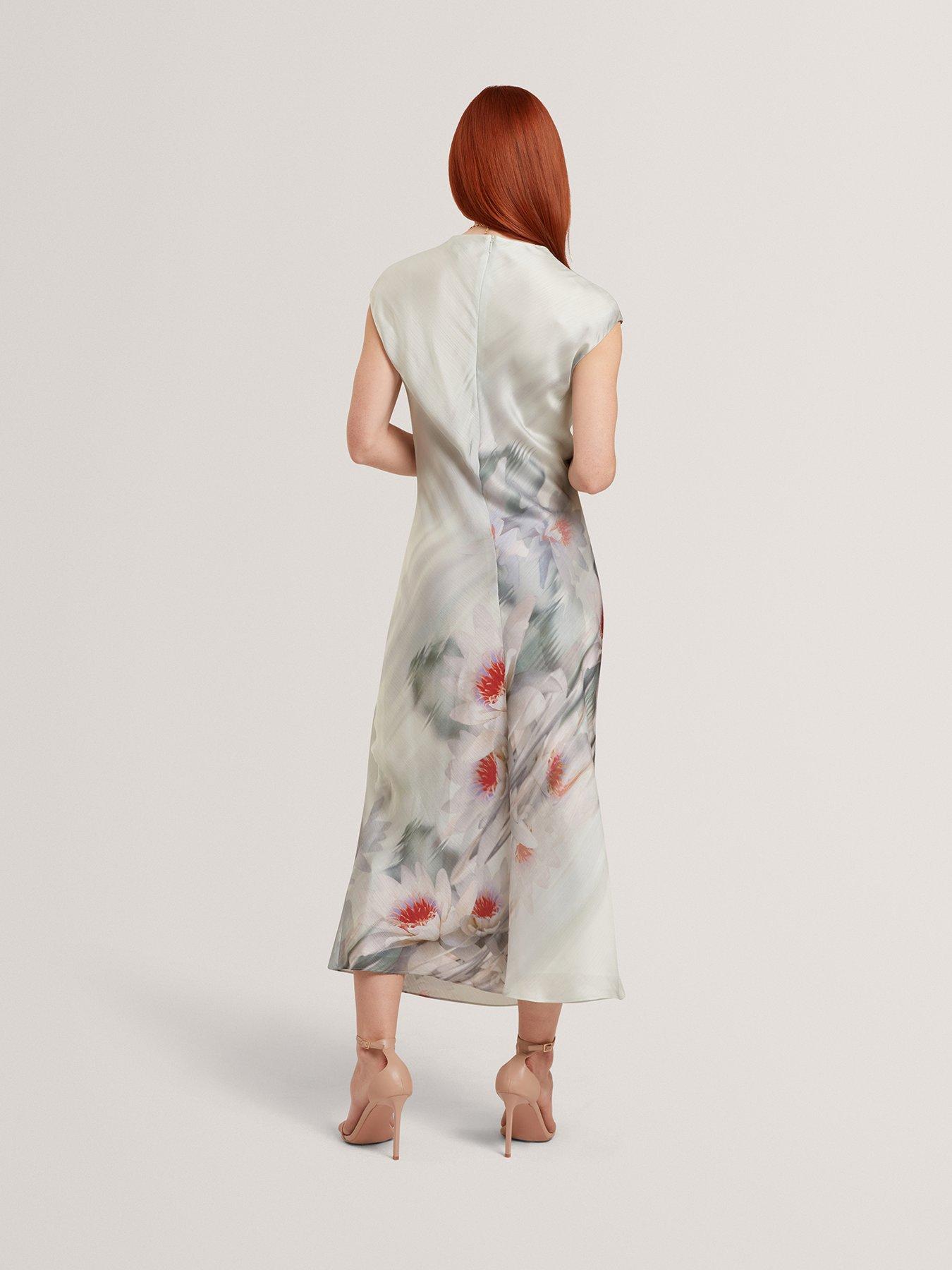Image 4 of 5 of Ted Baker Draped Neck Printed Midi Dress - Green