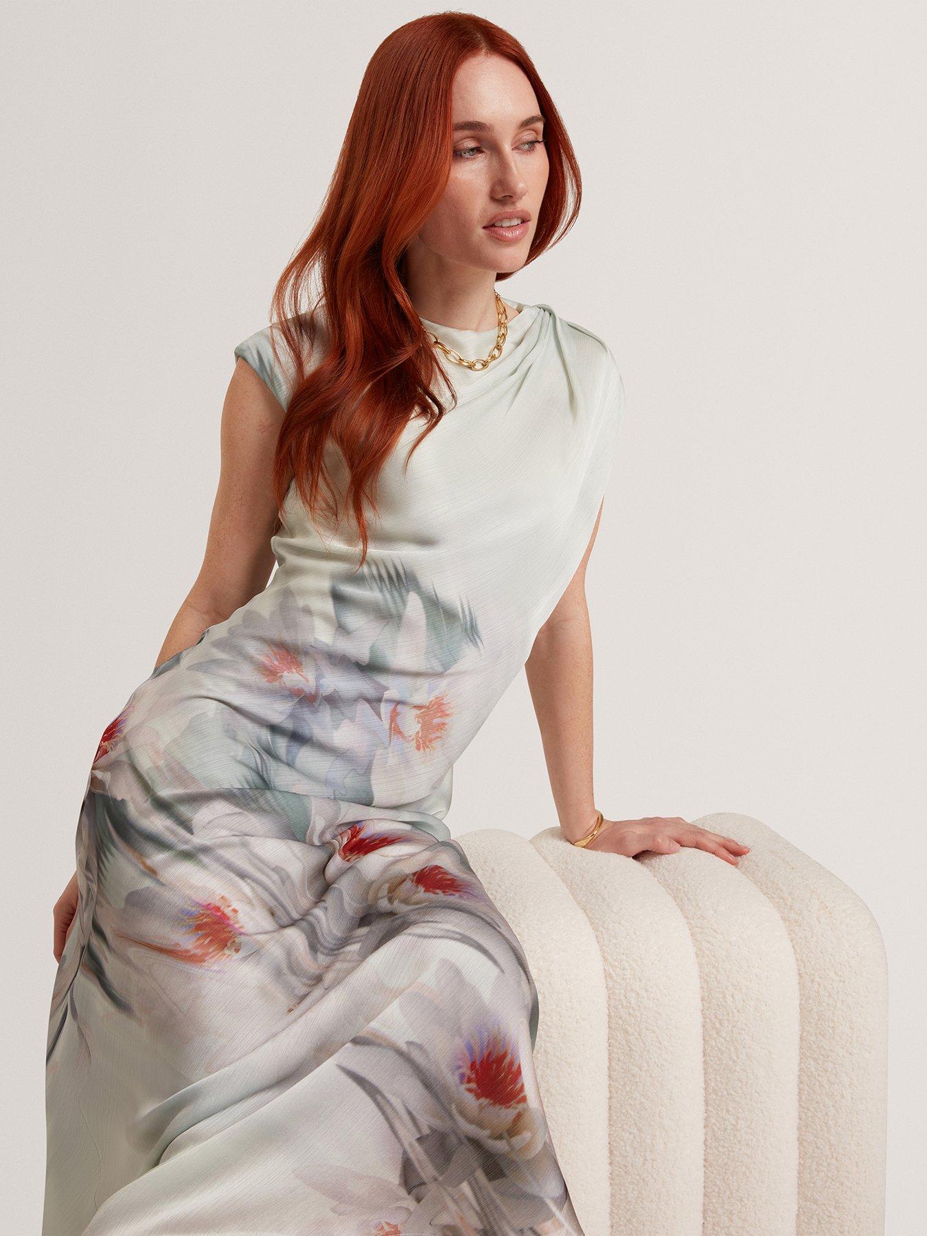 Image 5 of 5 of Ted Baker Draped Neck Printed Midi Dress - Green