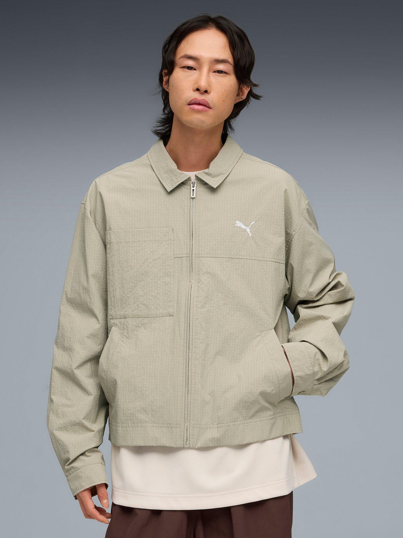 front image of puma-mens-wardrobe-essential-chore-jacket-pebble-gray