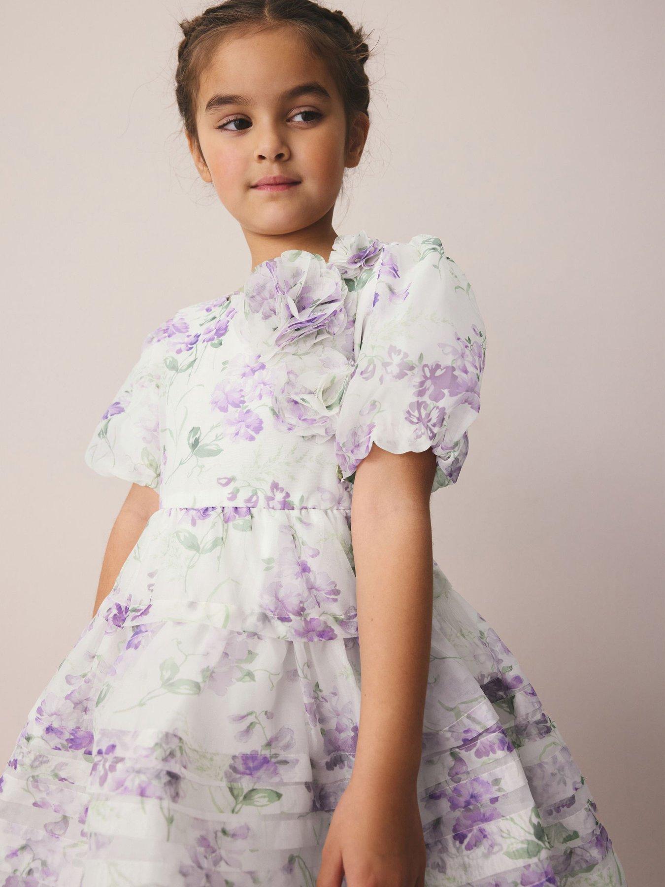 Laura Ashley Older Girls Corsage Floral Occasion Dress - White/Purple