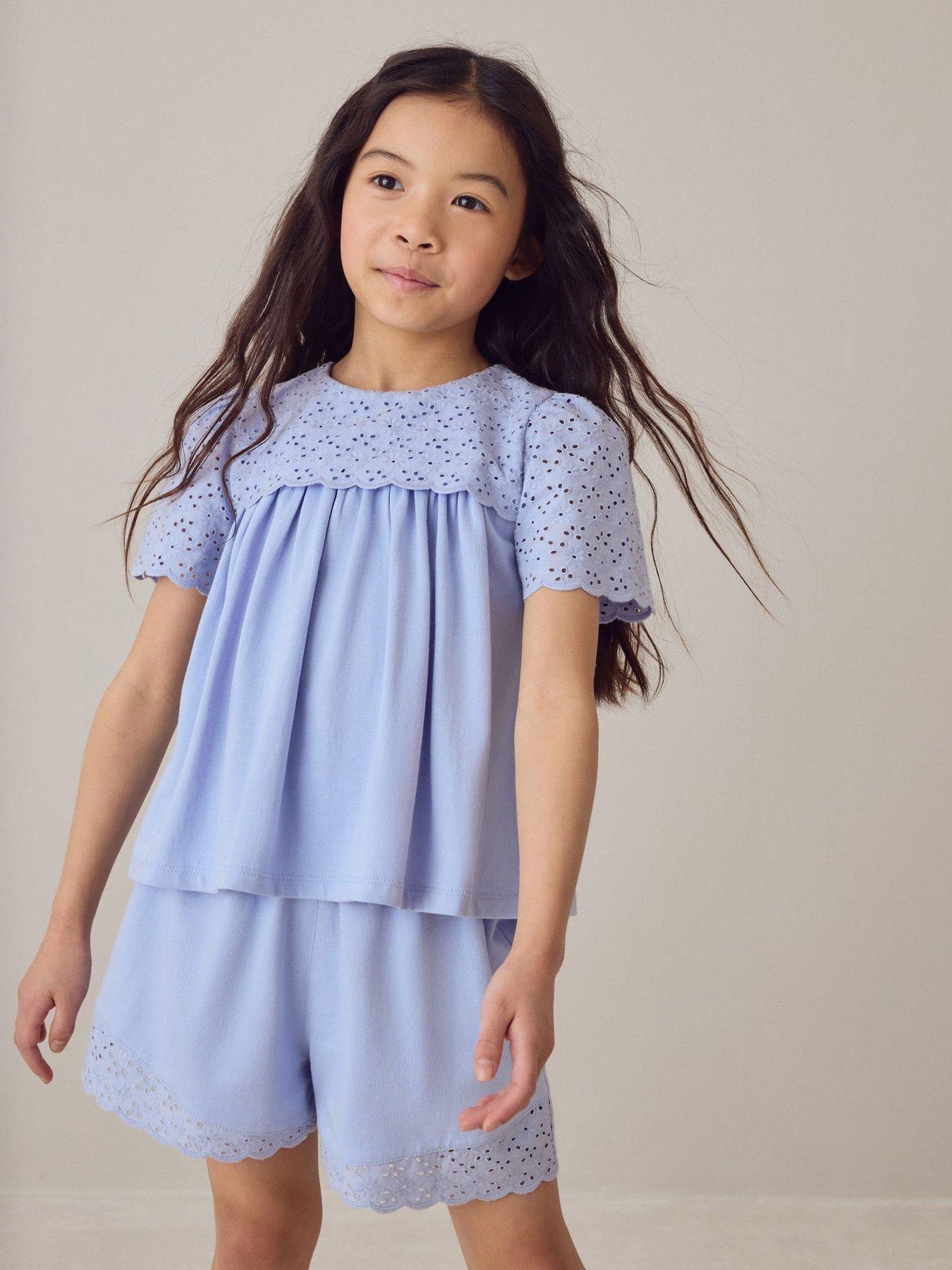 Laura Ashley Girls Broderie Short Sleeve Top  &  Shorts Set - Blue