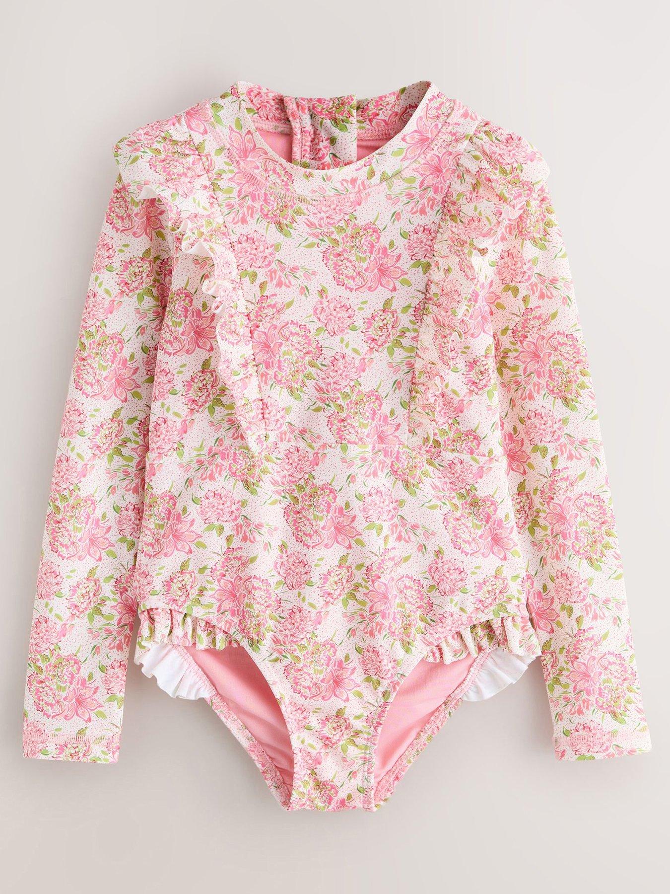 Image 1 of 3 of Laura Ashley Older Girls Long Sleeve Floral Frill Swimsuit - Pink