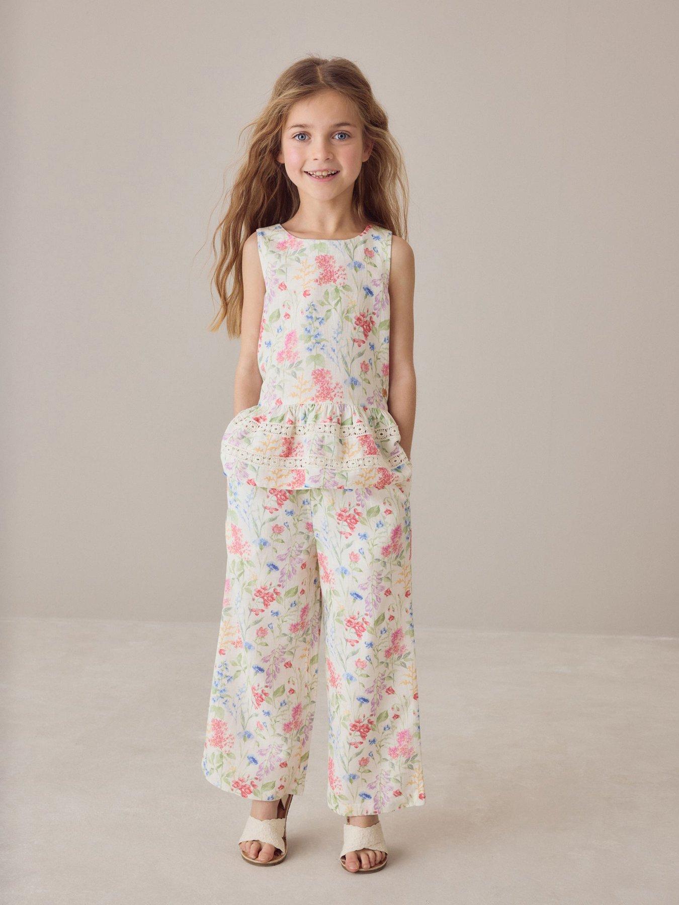 Laura Ashley Girls Wide Leg Peplum Floral Top Set - White